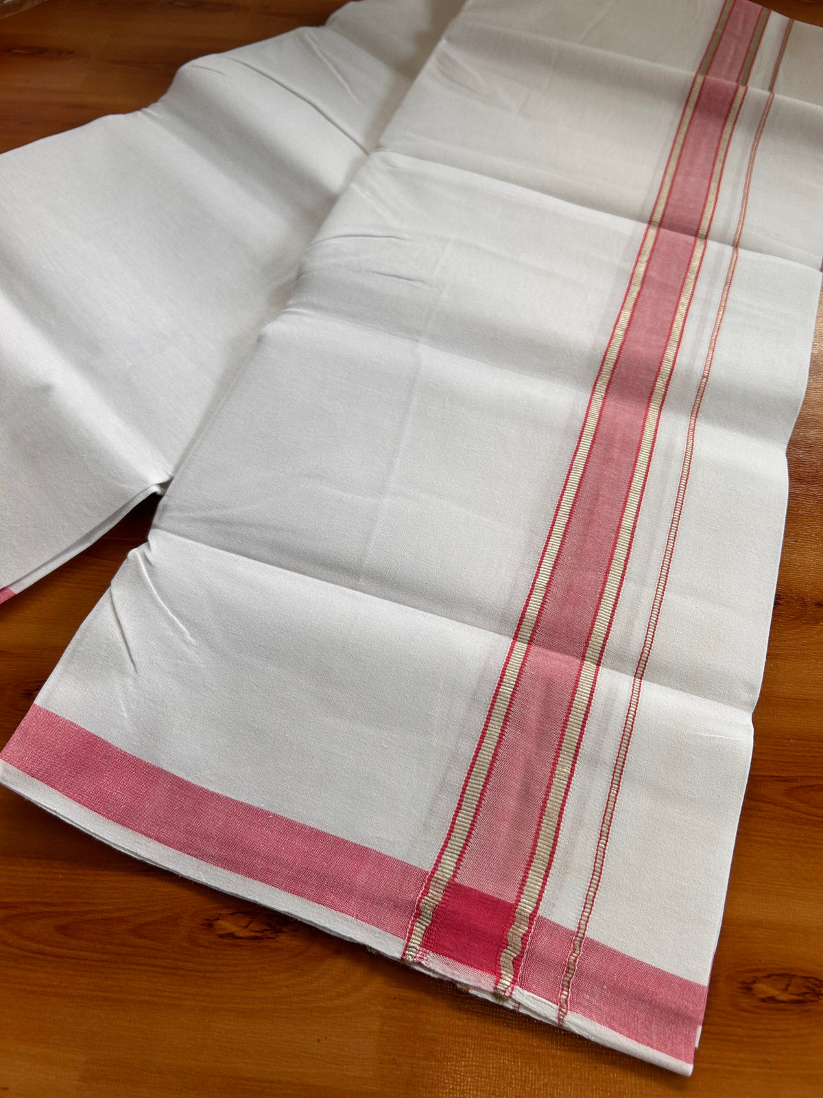 Single Pure White Mundu/Dhoti - 25% Discount ! KaithariKada Pulimood 100% Cotton Kerala Handloom - 1.5 inch Silver Kasav Pink Striped Kara (2 meter / 4 muzham) - 24 KK5534 KAI