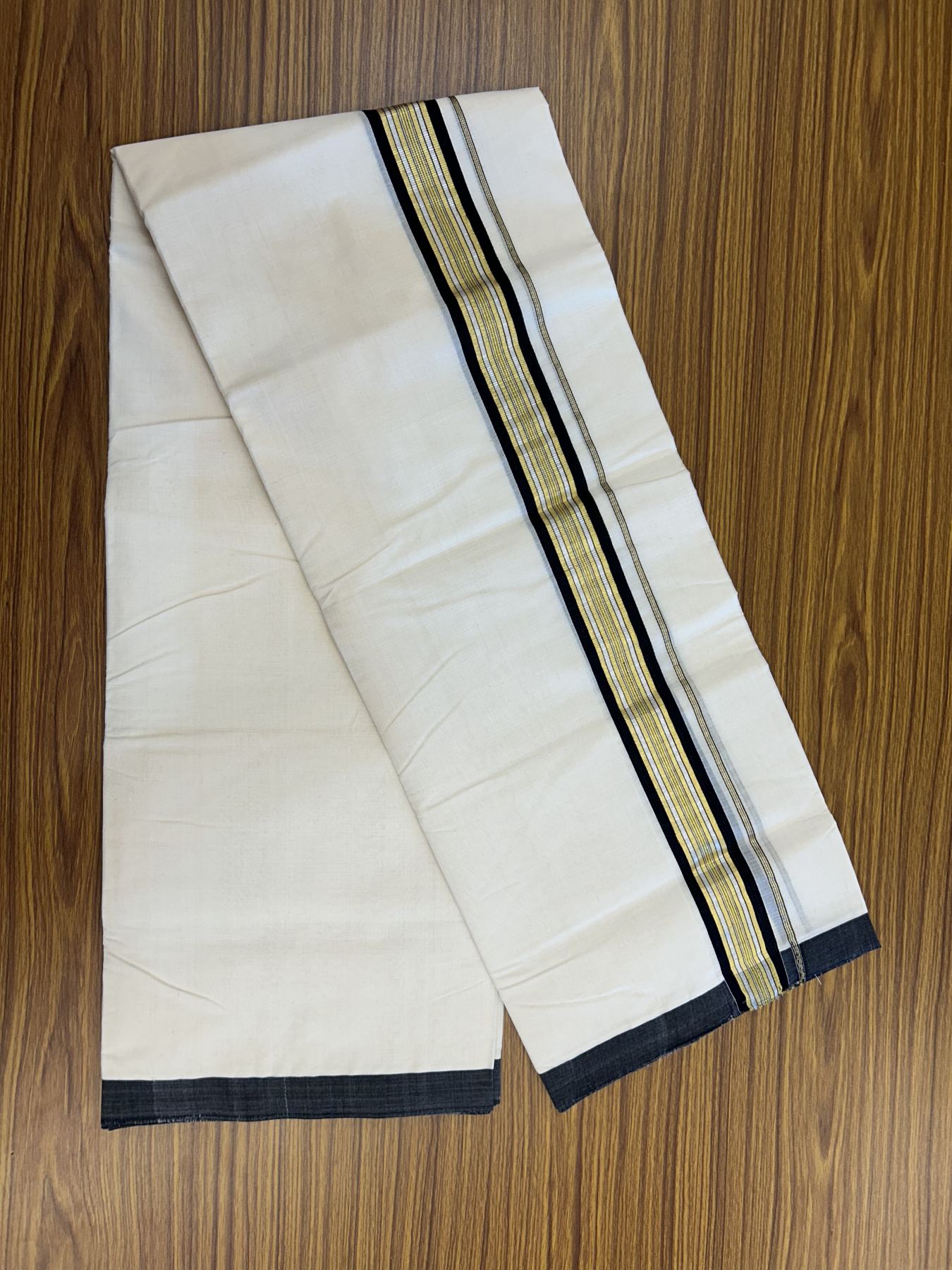25% Discount ! Kaitharikada Handloom  Millpaav Balaramapuram - 100% Pure Cotton Off White - (Unbleached) Double Mundu/Dhoti - 80x90 - 1.75 inch Gold Kasav & Silver Kasav Black Striped Kara 4 mtr (8.5 Muzham) - 4 KK5320 RAM
