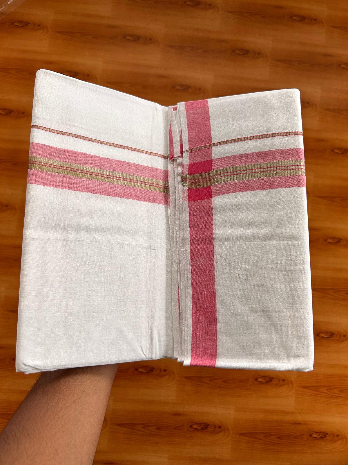Single Pure White Mundu/Dhoti - 25% Discount ! KaithariKada Pulimood 100% Cotton Kerala Handloom - 1.5 inch Silver Kasav Pink Striped Kara (2 meter / 4 muzham) - 23 KK5534 KAI