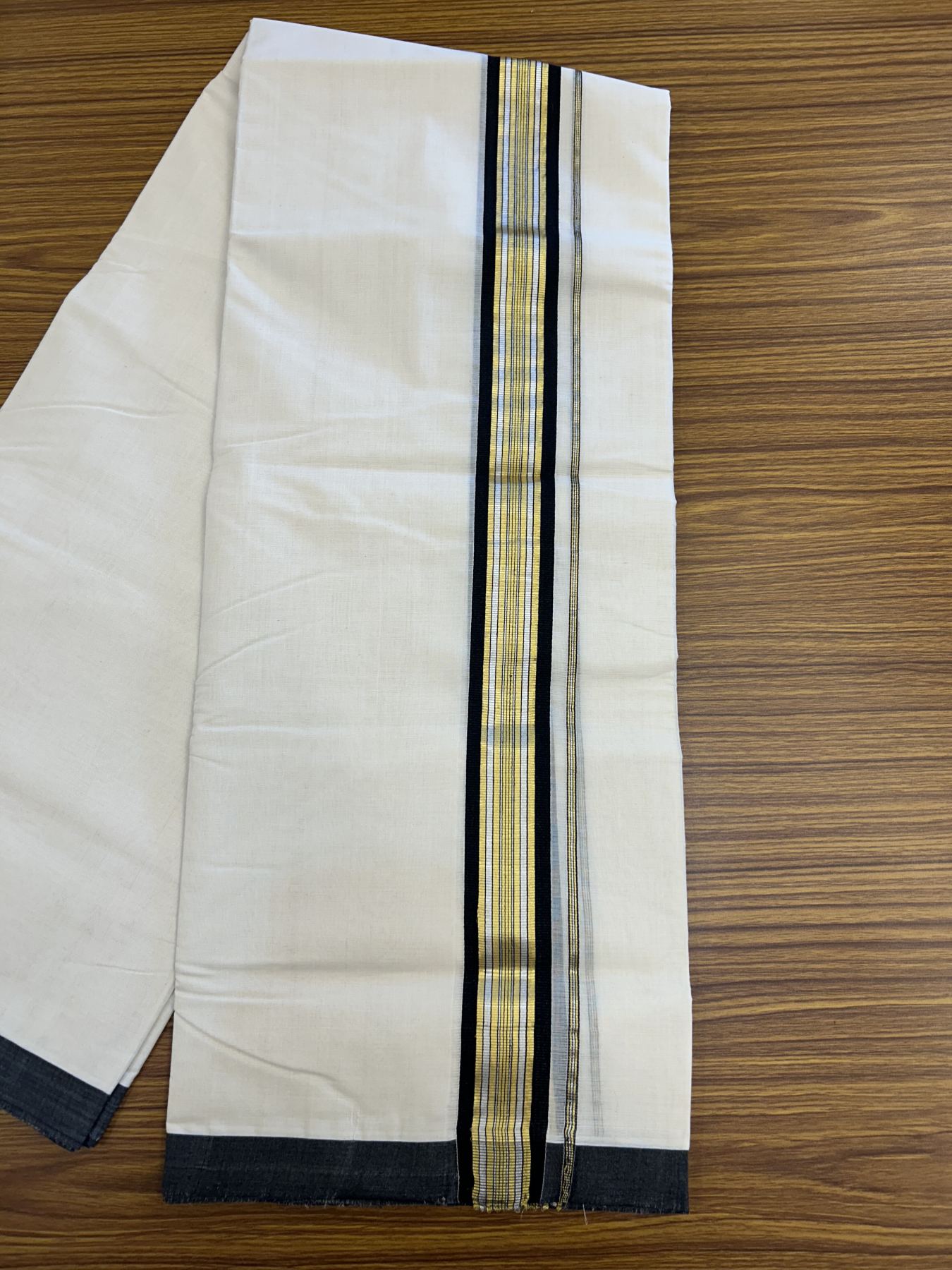 25% Discount ! Kaitharikada Handloom  Millpaav Balaramapuram - 100% Pure Cotton Off White - (Unbleached) Double Mundu/Dhoti - 80x90 - 1.75 inch Gold Kasav & Silver Kasav Black Striped Kara 4 mtr (8.5 Muzham) - 4 KK5320 RAM