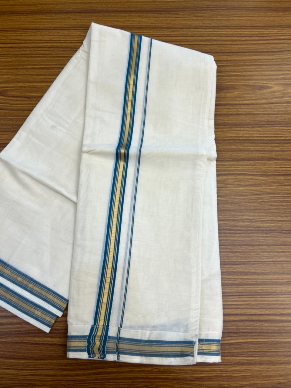 20% Discount ! KaithariKada Balaramapuram Mixed Cotton Double Off white - (Ubleached) Mundu/Dhoti  VELCRO Mundu/Dhoti  - (80s) -  1 inch Gold Kasavu & Peacock Blue Striped kara 4mtr (8.5 muzham) - 3 KK5284 PMC