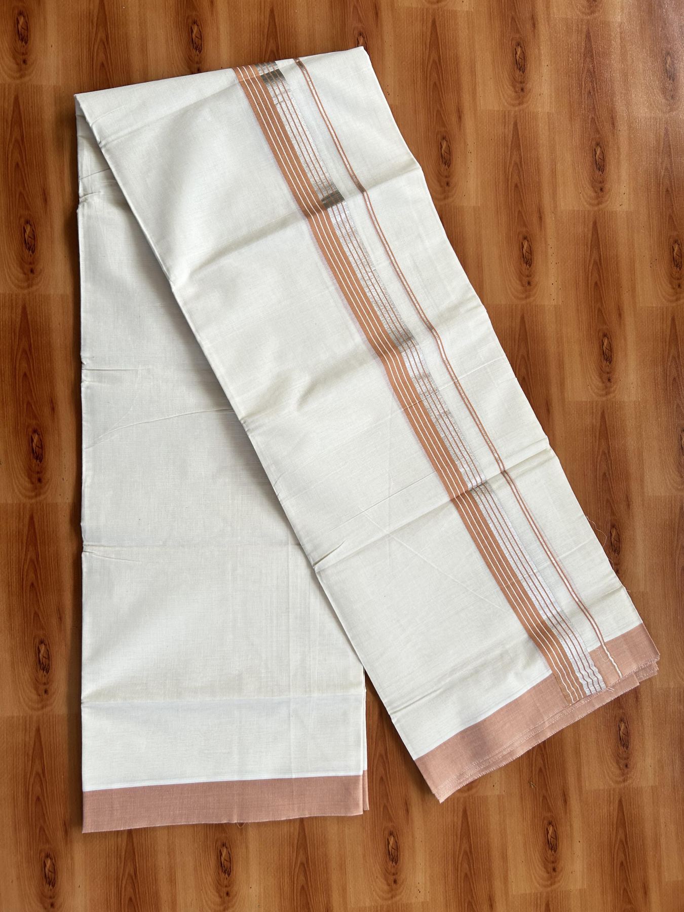 Double Off White  Mundu/Dhoti- 20% Discount! KaithariKada Balaramapuram Pure Cotton - 80s - 1.5 inch Silver Kasav & Peach Orange Striped Kara - 4mtr (8.5muzham) - 18 KK5417 VAS