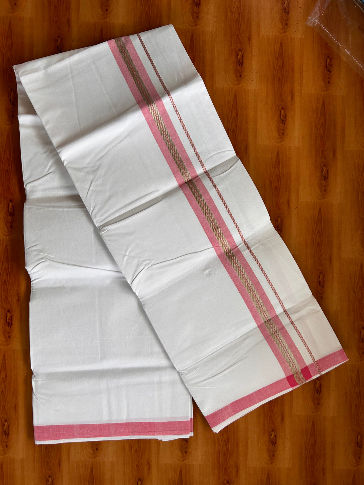 Single Pure White Mundu/Dhoti - 25% Discount ! KaithariKada Pulimood 100% Cotton Kerala Handloom - 1.5 inch Silver Kasav Pink Striped Kara (2 meter / 4 muzham) - 23 KK5534 KAI