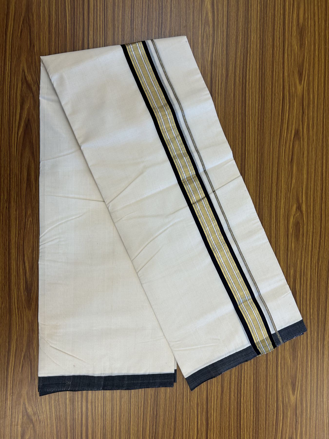 25% Discount ! Kaitharikada Handloom  Millpaav Balaramapuram - 100% Pure Cotton Off White - (Unbleached) Double Mundu/Dhoti - 80x90 - 1.75 inch Gold Kasav & Silver Kasav Black Striped Kara 4 mtr (8.5 Muzham) - 5 KK5320 RAM