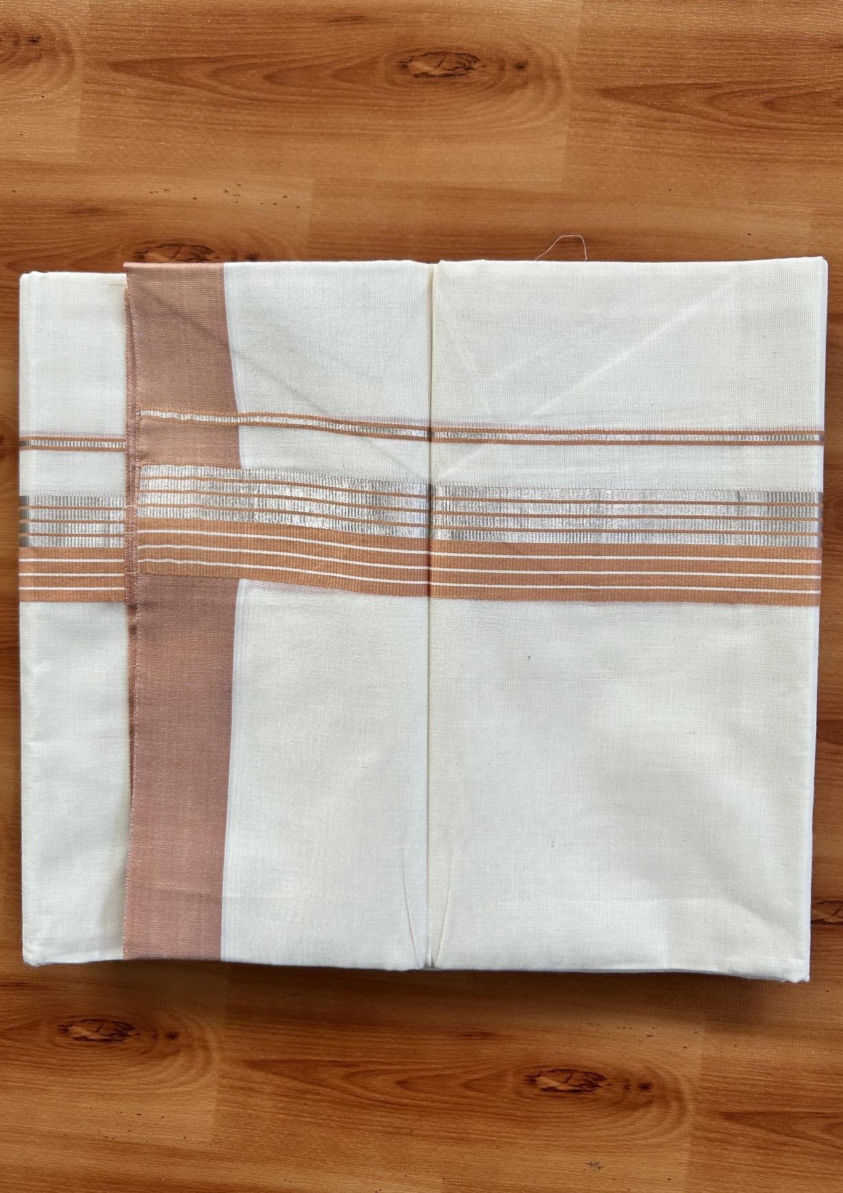 Double Off White  Mundu/Dhoti- 20% Discount! KaithariKada Balaramapuram Pure Cotton - 80s - 1.5 inch Silver Kasav & Peach Orange Striped Kara - 4mtr (8.5muzham) - 18 KK5417 VAS