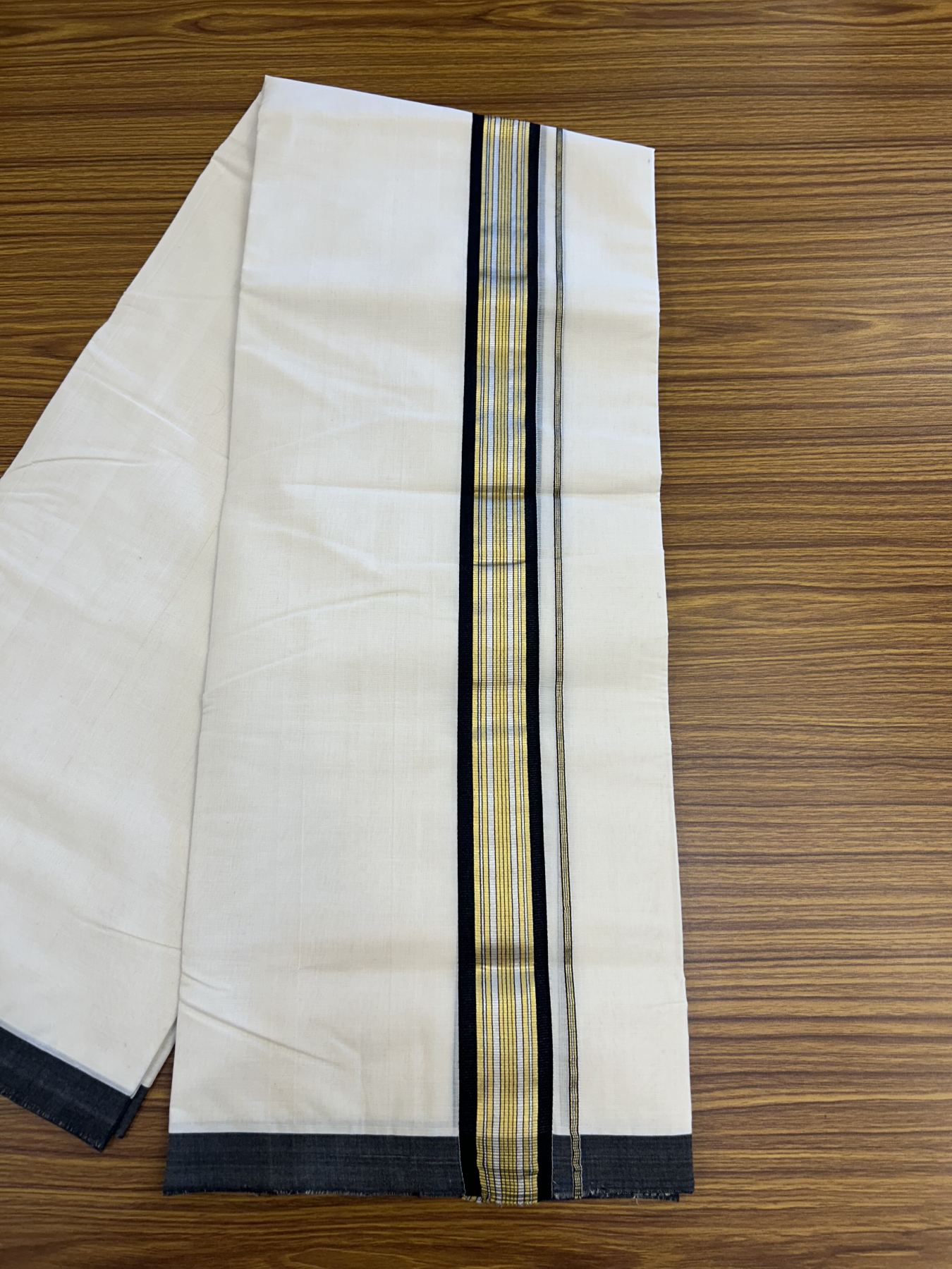 25% Discount ! Kaitharikada Handloom  Millpaav Balaramapuram - 100% Pure Cotton Off White - (Unbleached) Double Mundu/Dhoti - 80x90 - 1.75 inch Gold Kasav & Silver Kasav Black Striped Kara 4 mtr (8.5 Muzham) - 5 KK5320 RAM