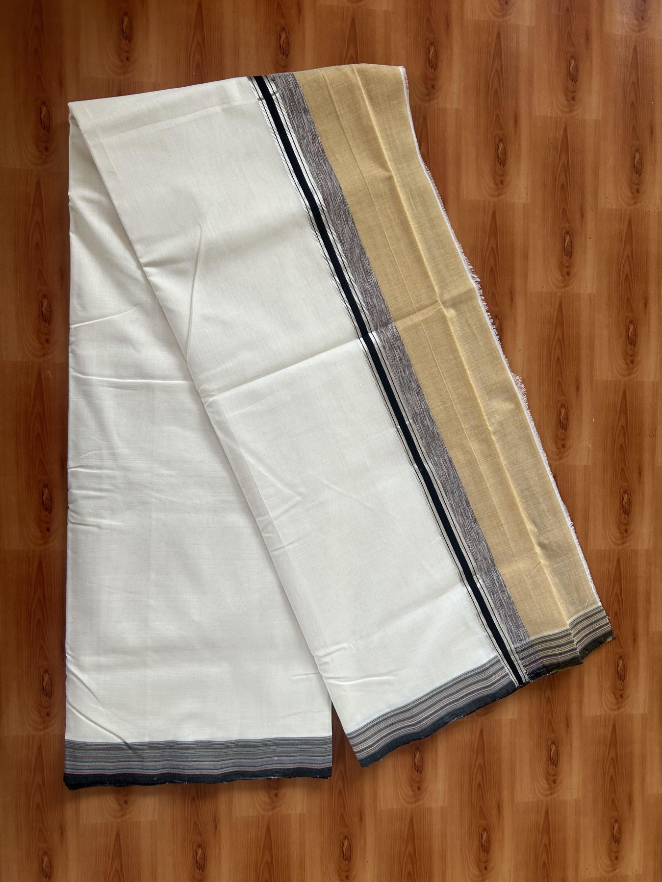 25% Discount! KaithariKada Handloom Unakkupaav Kerala Handloom - 100% Pure Cotton Off White - (Unbleached) Double Mundu/Dothi - 100 x 80 - 4.5 inch Silver Kasav Cinnamon Brown & Black,Multi Colour Side Striped Kara 4.00 meter (8.5 muzham) - 10 KK5390 REA