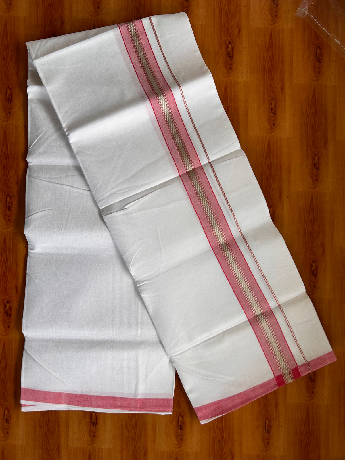 Single Pure White Mundu/Dhoti - 25% Discount ! KaithariKada Pulimood 100% Cotton Kerala Handloom - 1.5 inch Silver Kasav Pink Striped Kara (2 meter / 4 muzham) - 22 KK5534 KAI