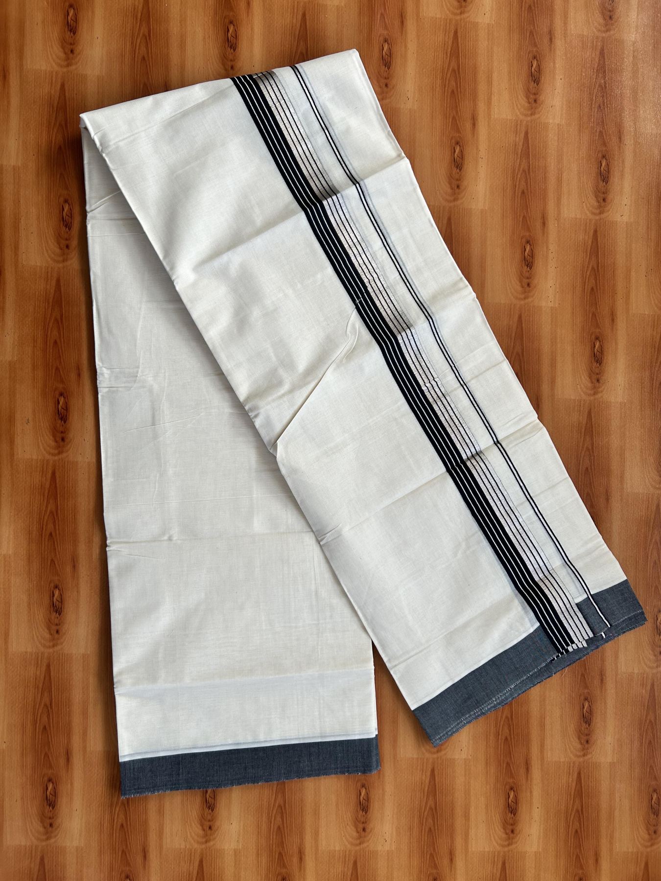 Double Off White  Mundu/Dhoti- 20% Discount! KaithariKada Balaramapuram Pure Cotton - 80s - 1.5 inch Silver Kasav & Black Striped Kara - 4mtr (8.5muzham) - 17 KK5417 VAS