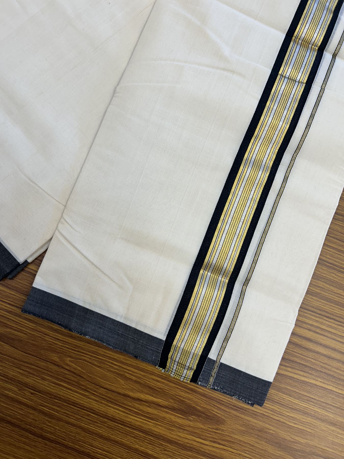 25% Discount ! Kaitharikada Handloom  Millpaav Balaramapuram - 100% Pure Cotton Off White - (Unbleached) Double Mundu/Dhoti - 80x90 - 1.75 inch Gold Kasav & Silver Kasav Black Striped Kara 4 mtr (8.5 Muzham) - 5 KK5320 RAM