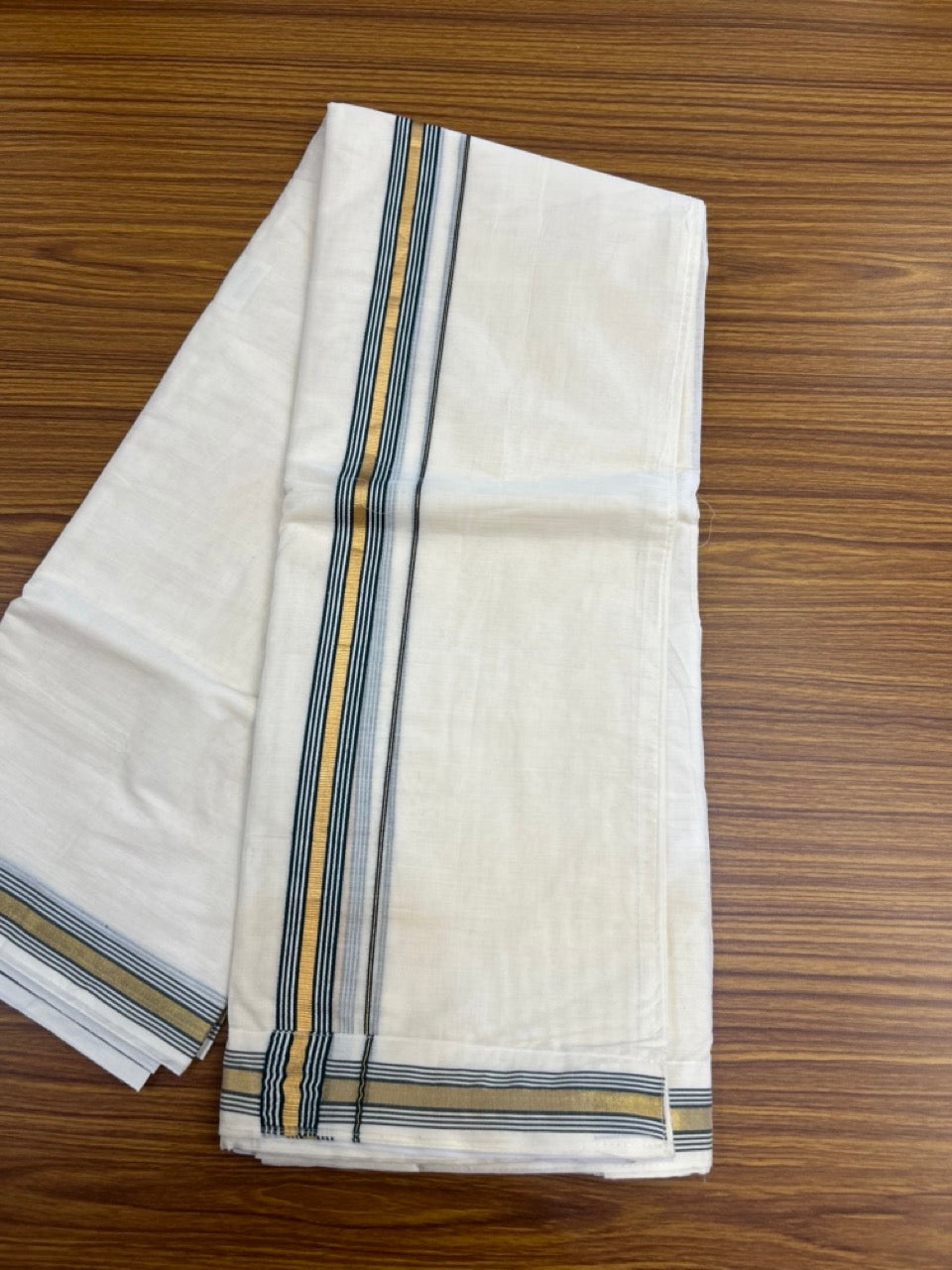20% Discount ! KaithariKada Balaramapuram Mixed Cotton Double Off white - (Ubleached) Mundu/Dhoti  VELCRO Mundu/Dhoti  - (80s) -  1 inch Gold Kasavu & Dark Green Striped kara 4mtr (8.5 muzham) - 4 KK5284 PMC