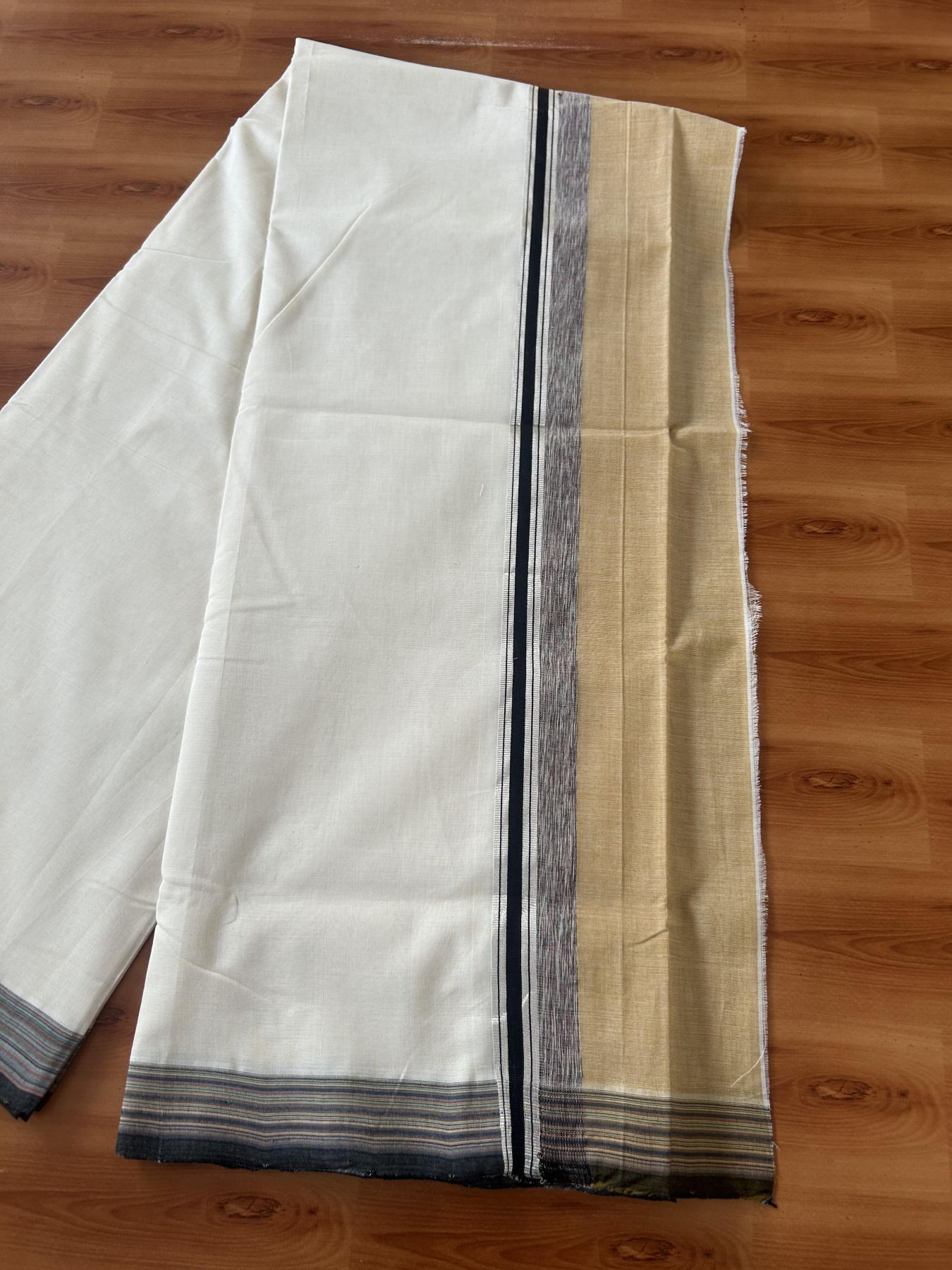 25% Discount! KaithariKada Handloom Unakkupaav Kerala Handloom - 100% Pure Cotton Off White - (Unbleached) Double Mundu/Dothi - 100 x 80 - 4.5 inch Silver Kasav Cinnamon Brown & Black,Multi Colour Side Striped Kara 4.00 meter (8.5 muzham) - 10 KK5390 REA