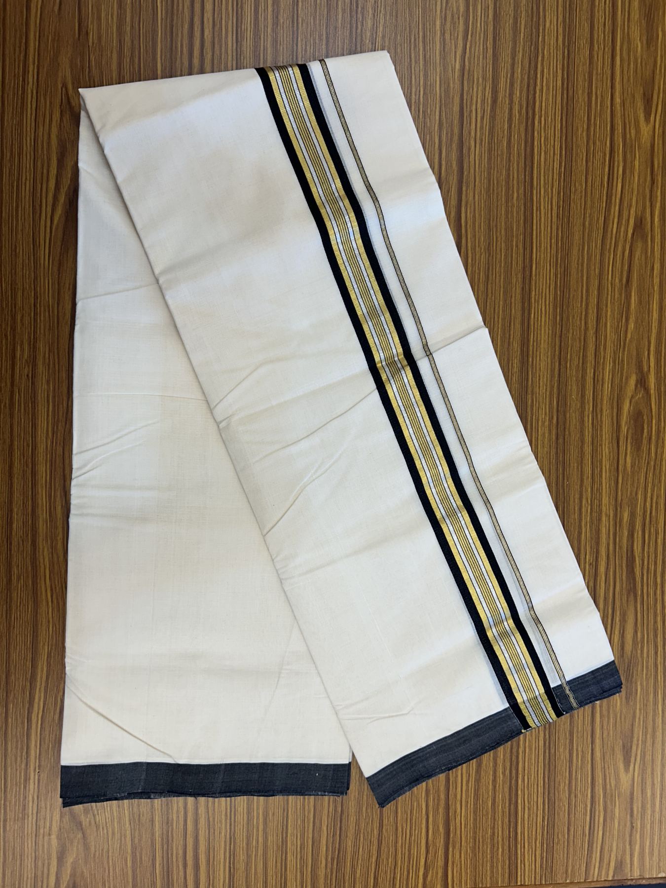 25% Discount ! Kaitharikada Handloom  Millpaav Balaramapuram - 100% Pure Cotton Off White - (Unbleached) Double Mundu/Dhoti - 80x90 - 1.75 inch Gold Kasav & Silver Kasav Black Striped Kara 4 mtr (8.5 Muzham) - 6 KK5320 RAM