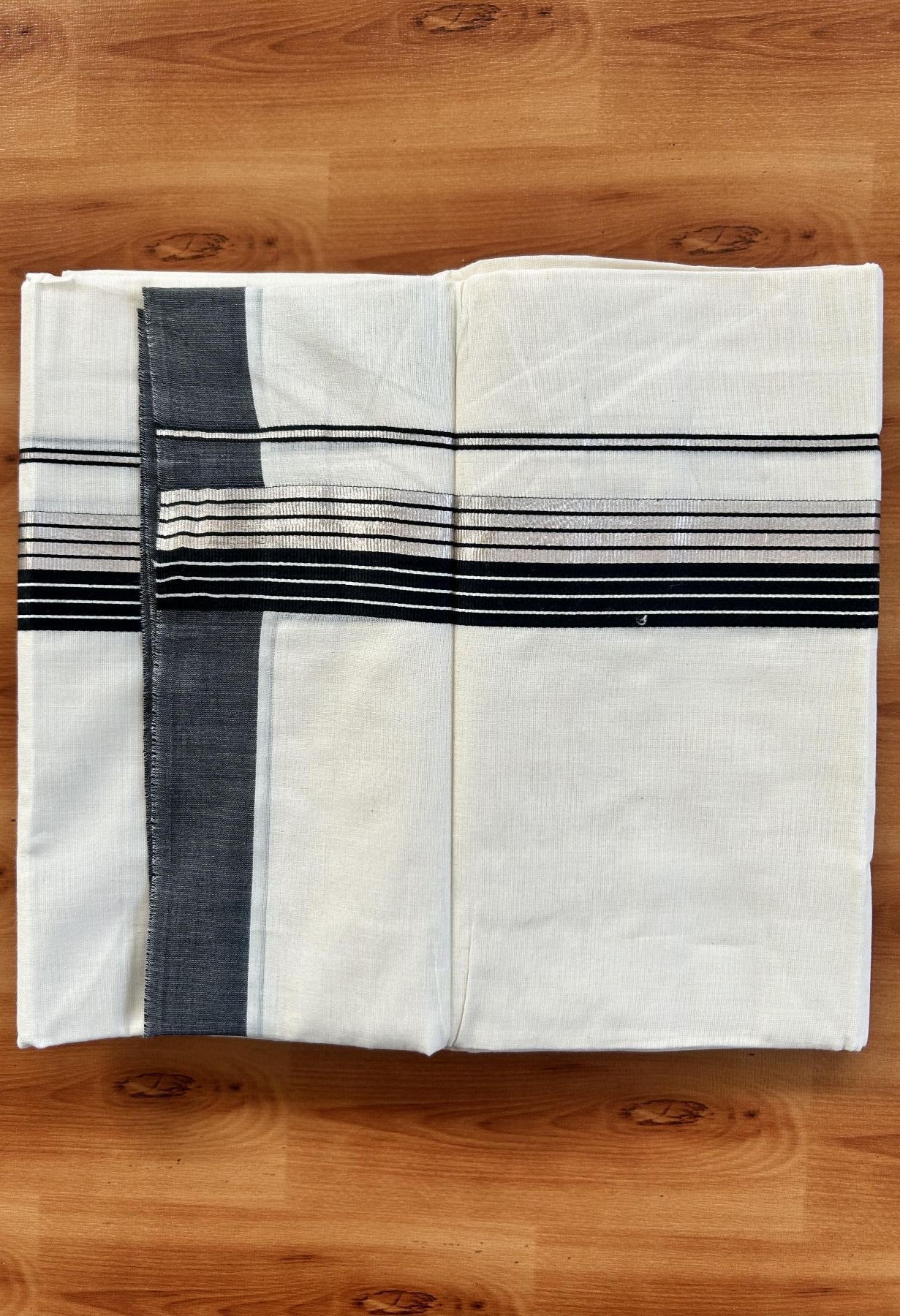 Double Off White  Mundu/Dhoti- 20% Discount! KaithariKada Balaramapuram Pure Cotton - 80s - 1.5 inch Silver Kasav & Black Striped Kara - 4mtr (8.5muzham) - 17 KK5417 VAS