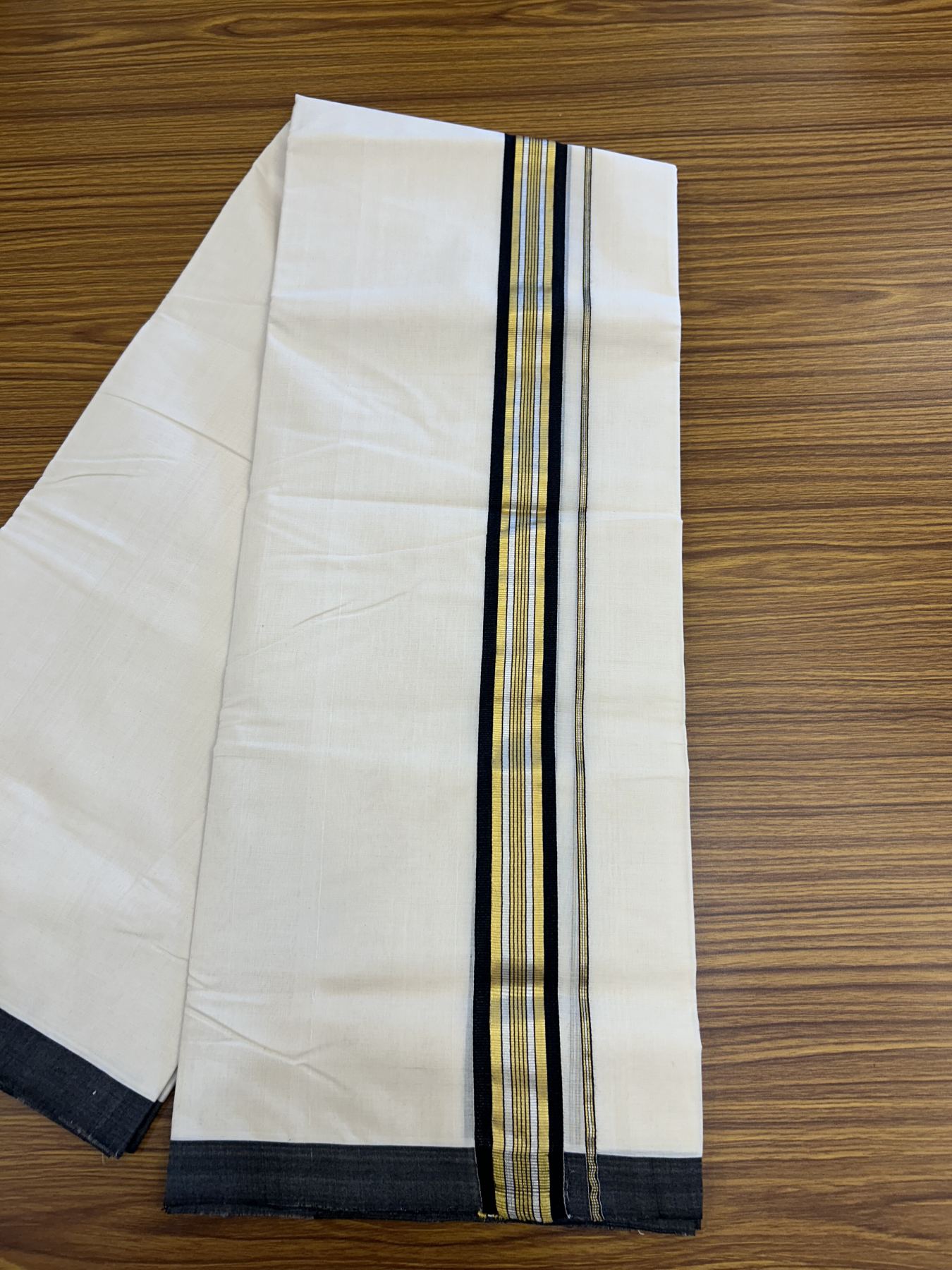 25% Discount ! Kaitharikada Handloom  Millpaav Balaramapuram - 100% Pure Cotton Off White - (Unbleached) Double Mundu/Dhoti - 80x90 - 1.75 inch Gold Kasav & Silver Kasav Black Striped Kara 4 mtr (8.5 Muzham) - 6 KK5320 RAM