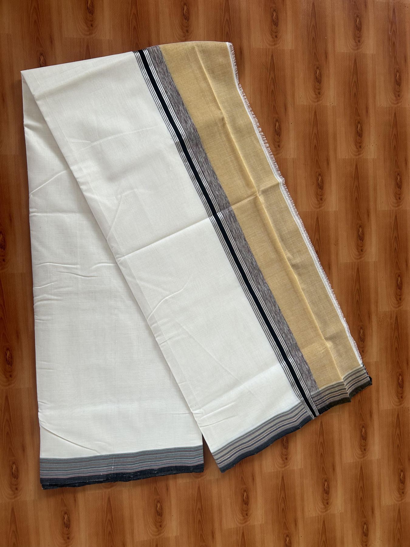 25% Discount! KaithariKada Handloom Unakkupaav Kerala Handloom - 100% Pure Cotton Off White - (Unbleached) Double Mundu/Dothi - 100 x 80 - 5.5 inch Silver Kasav Cinnamon Brown & Black,Multi Colour Side Striped Kara 4.00 meter (8.5 muzham) - 11 KK5390 REA