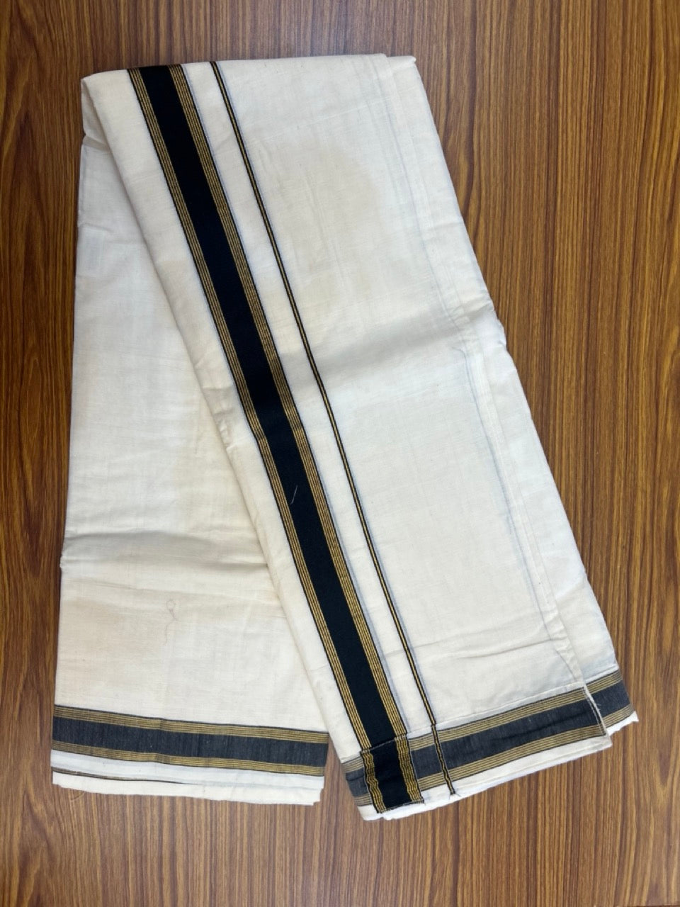 20% Discount ! KaithariKada Balaramapuram Mixed Cotton Double Off white - (Ubleached) Mundu/Dhoti  VELCRO Mundu/Dhoti  - (80s) -  1.5 inch Gold Kasavu & Black Striped kara 4mtr (8.5 muzham) - 5 KK5284 PMC