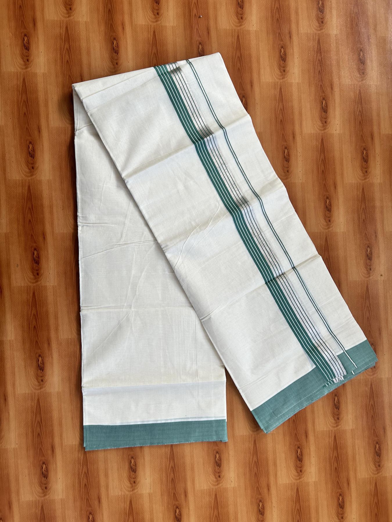 Double Off White  Mundu/Dhoti- 20% Discount! KaithariKada Balaramapuram Pure Cotton - 80s - 1.5 inch Silver Kasav & Teal Green Striped Kara - 4mtr (8.5muzham) - 16 KK5417 VAS