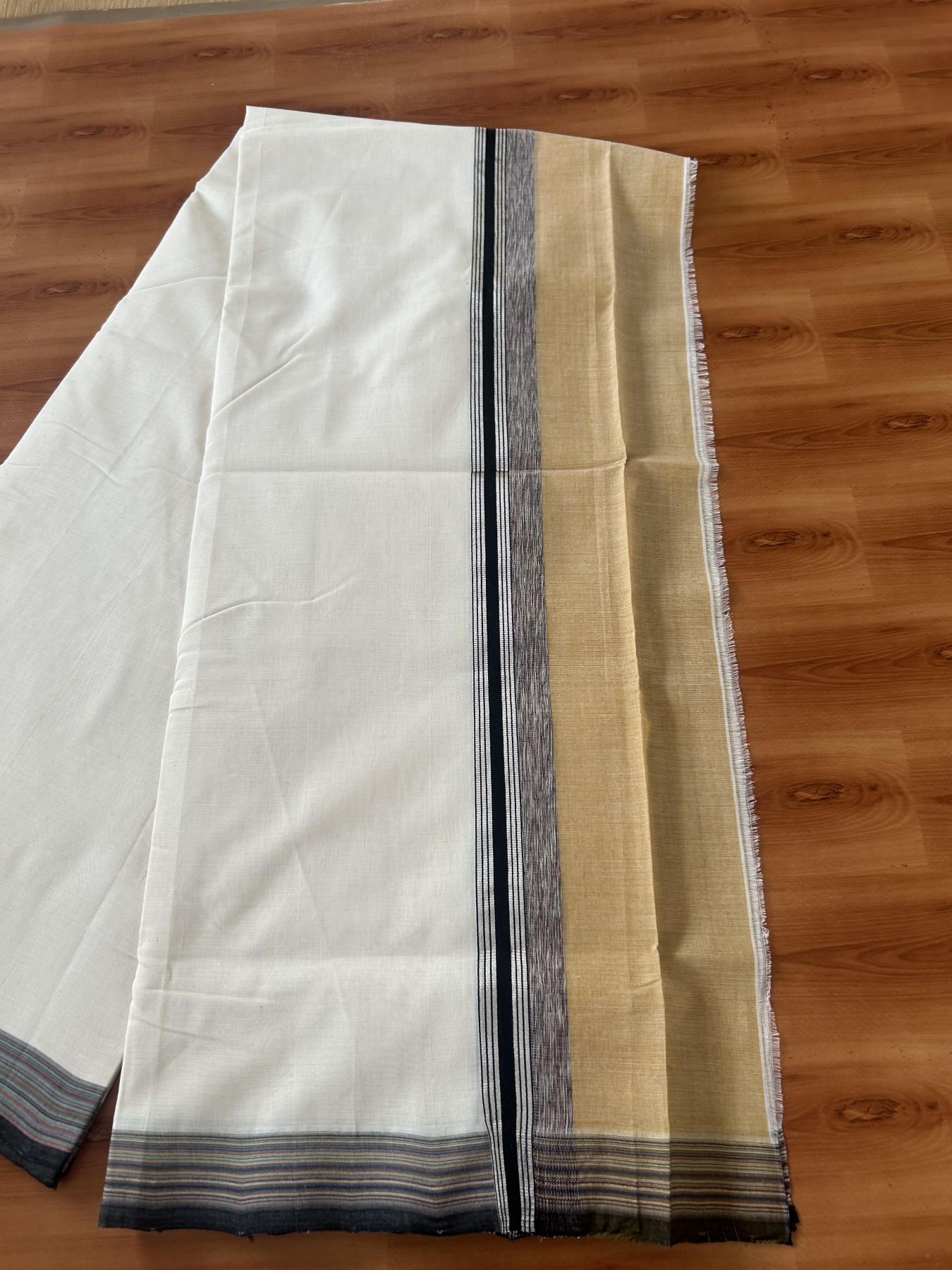 25% Discount! KaithariKada Handloom Unakkupaav Kerala Handloom - 100% Pure Cotton Off White - (Unbleached) Double Mundu/Dothi - 100 x 80 - 5.5 inch Silver Kasav Cinnamon Brown & Black,Multi Colour Side Striped Kara 4.00 meter (8.5 muzham) - 11 KK5390 REA