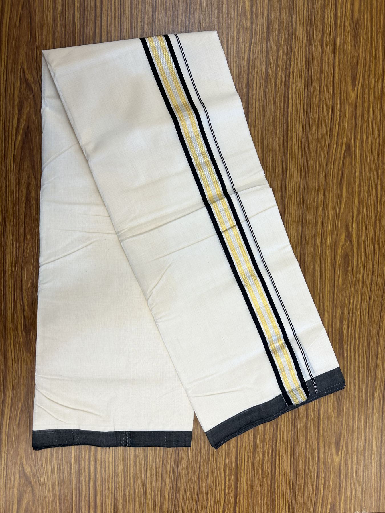 25% Discount ! Kaitharikada Handloom  Millpaav Balaramapuram - 100% Pure Cotton Off White - (Unbleached) Double Mundu/Dhoti - 80x90 - 1.75 inch Gold Kasav & Silver Kasav Black Striped Kara 4 mtr (8.5 Muzham) - 7 KK5320 RAM