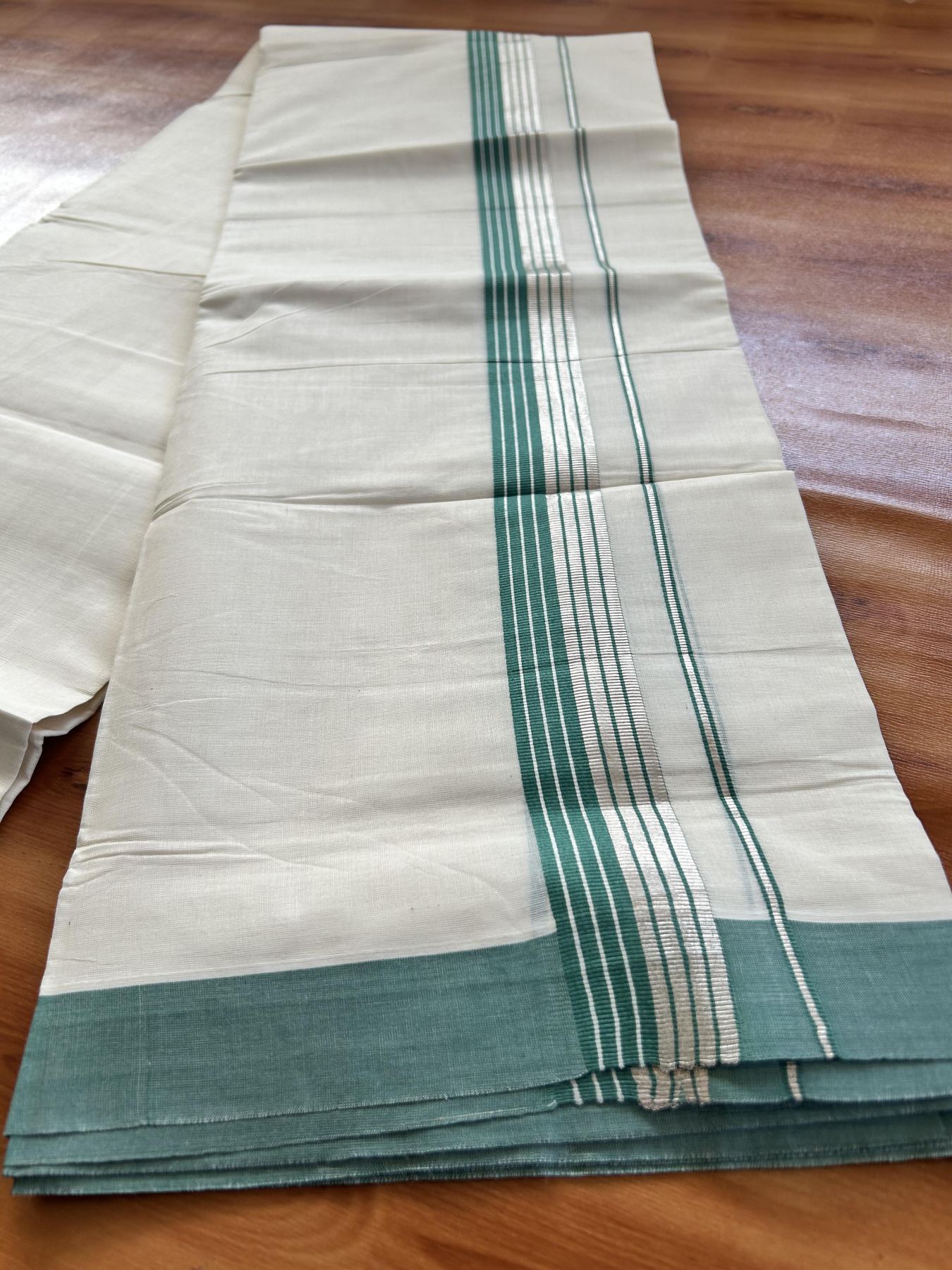 Double Off White  Mundu/Dhoti- 20% Discount! KaithariKada Balaramapuram Pure Cotton - 80s - 1.5 inch Silver Kasav & Teal Green Striped Kara - 4mtr (8.5muzham) - 16 KK5417 VAS