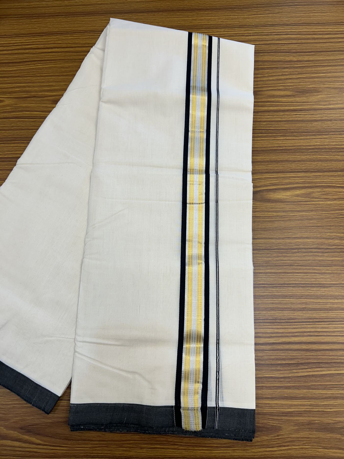 25% Discount ! Kaitharikada Handloom  Millpaav Balaramapuram - 100% Pure Cotton Off White - (Unbleached) Double Mundu/Dhoti - 80x90 - 1.75 inch Gold Kasav & Silver Kasav Black Striped Kara 4 mtr (8.5 Muzham) - 7 KK5320 RAM