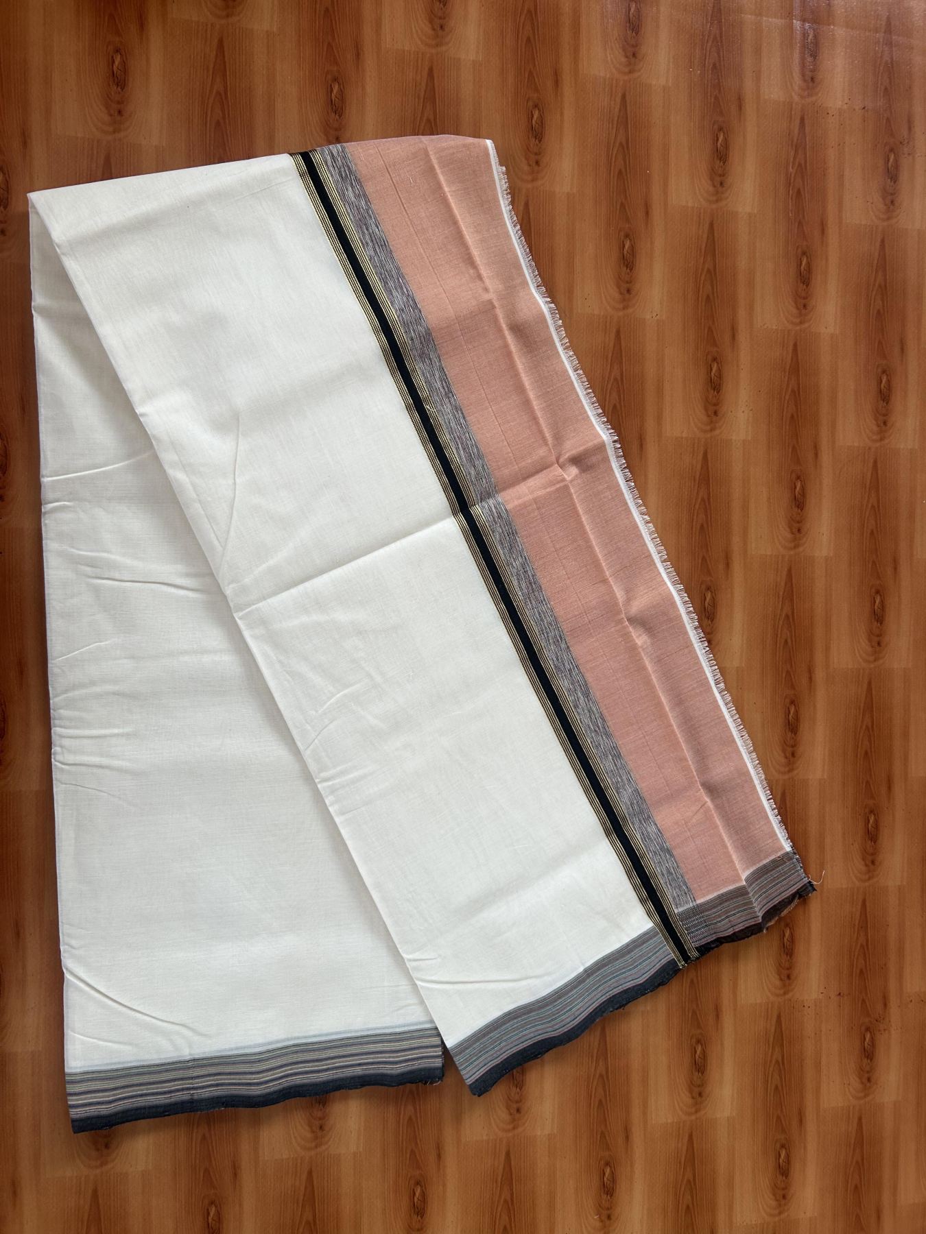 25% Discount! KaithariKada Handloom Unakkupaav Kerala Handloom - 100% Pure Cotton Off White - (Unbleached) Double Mundu/Dothi - 100 x 80 - 5 inch Gold Kasav Peach & Black, Multi Colour Side Striped Kara 4.00 meter(8.5 muzham) - 14 KK5390 REA