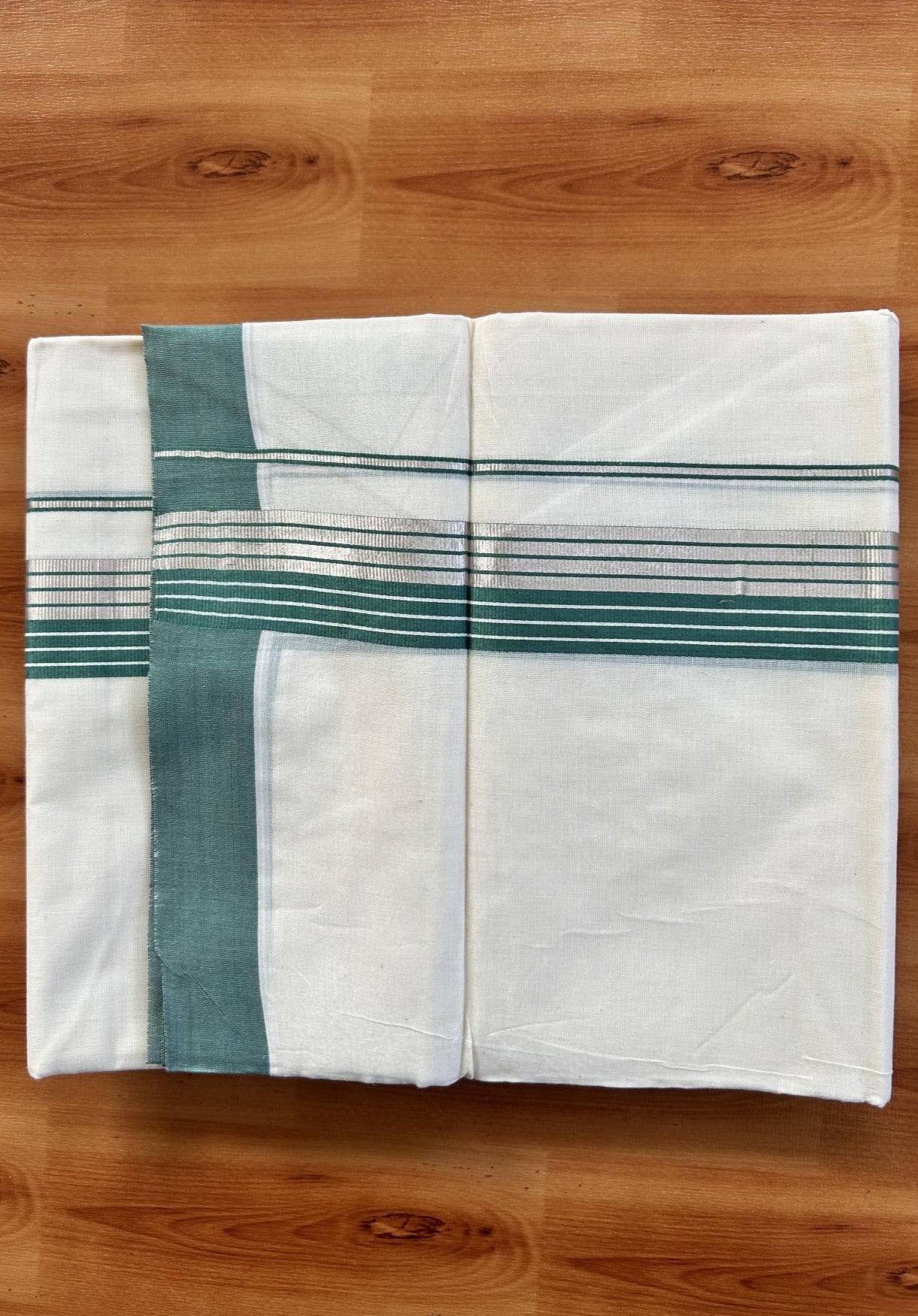 Double Off White  Mundu/Dhoti- 20% Discount! KaithariKada Balaramapuram Pure Cotton - 80s - 1.5 inch Silver Kasav & Teal Green Striped Kara - 4mtr (8.5muzham) - 16 KK5417 VAS