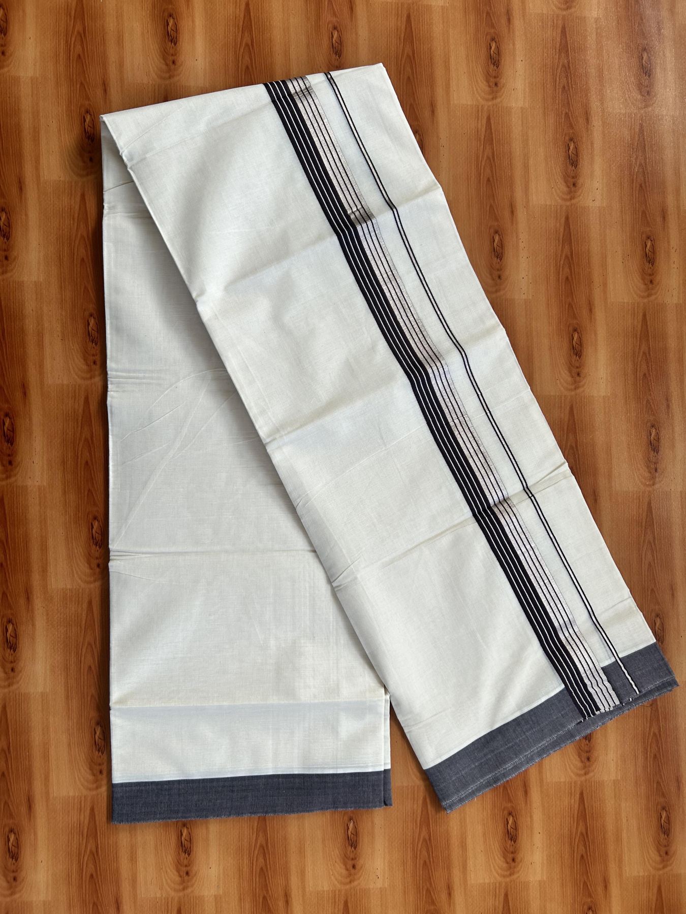 Double Off White  Mundu/Dhoti- 20% Discount! KaithariKada Balaramapuram Pure Cotton - 80s - 1.5 inch Silver Kasav & Brown Striped Kara - 4mtr (8.5muzham) - 15 KK5417 VAS