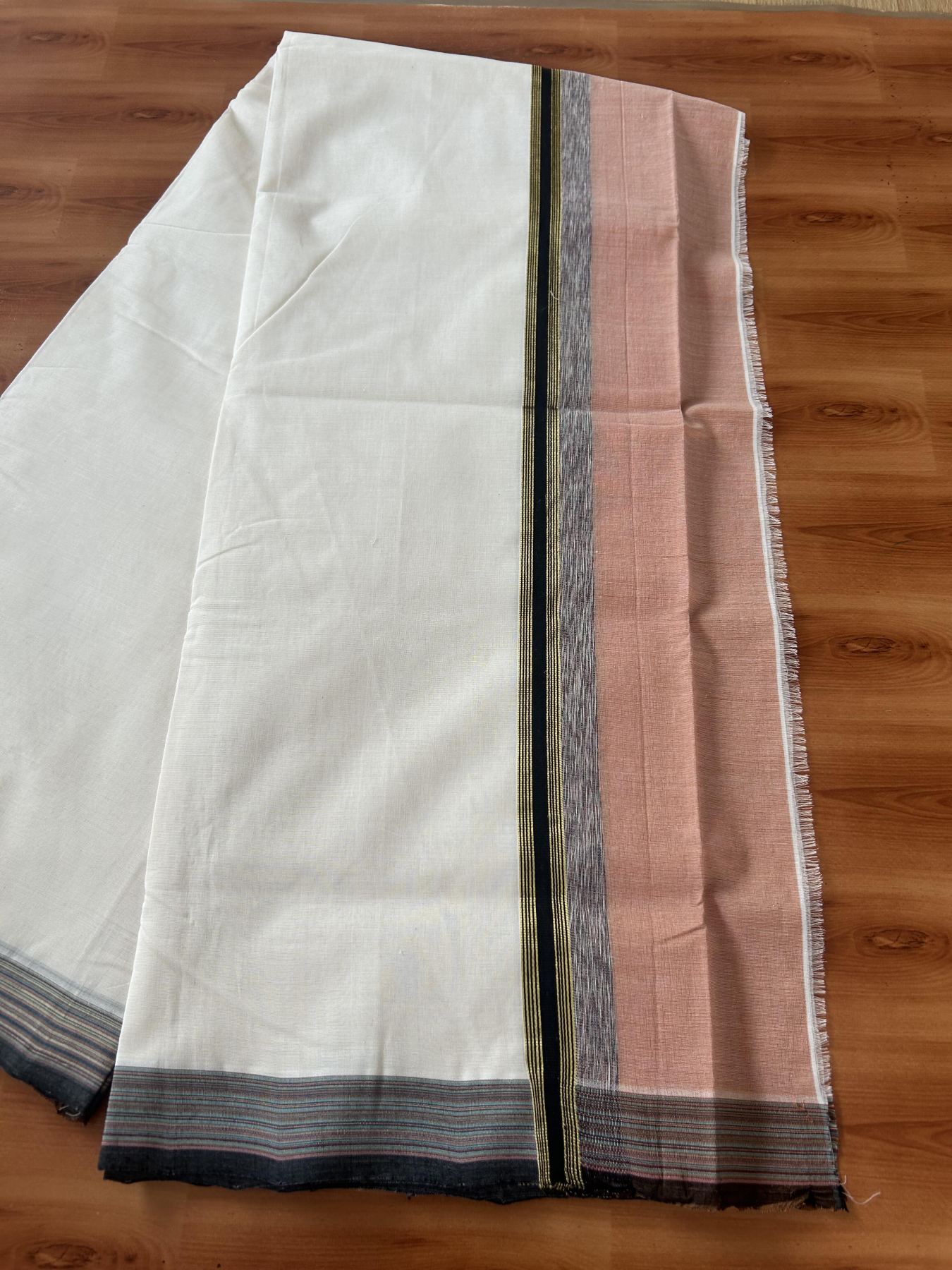 25% Discount! KaithariKada Handloom Unakkupaav Kerala Handloom - 100% Pure Cotton Off White - (Unbleached) Double Mundu/Dothi - 100 x 80 - 5 inch Gold Kasav Peach & Black, Multi Colour Side Striped Kara 4.00 meter(8.5 muzham) - 14 KK5390 REA