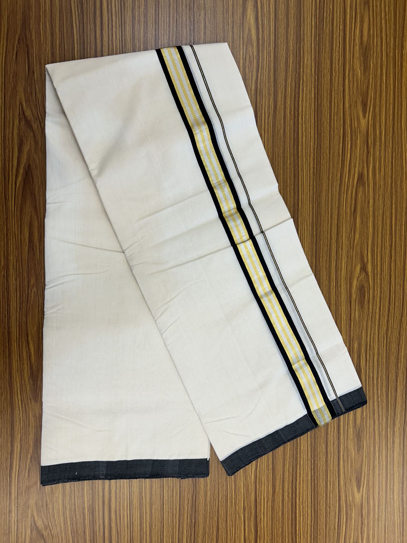 25% Discount ! Kaitharikada Handloom Millpaav Balaramapuram - 100% Pure Cotton Off White - (Unbleached) Double Mundu/Dhoti - 80x90 - 1.75 inch Gold Kasav & Silver Kasav Black Striped Kara 4 mtr (8.5 Muzham) - 8 KK5320 RAM