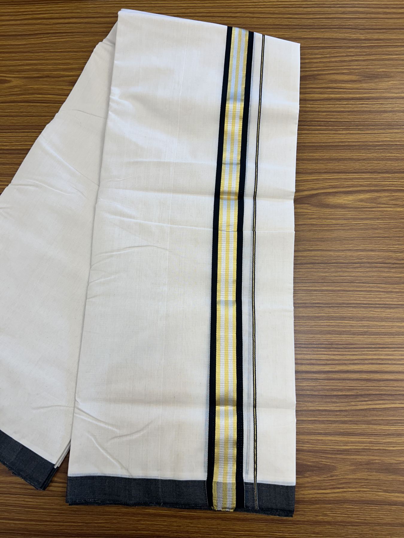 25% Discount ! Kaitharikada Handloom Millpaav Balaramapuram - 100% Pure Cotton Off White - (Unbleached) Double Mundu/Dhoti - 80x90 - 1.75 inch Gold Kasav & Silver Kasav Black Striped Kara 4 mtr (8.5 Muzham) - 8 KK5320 RAM