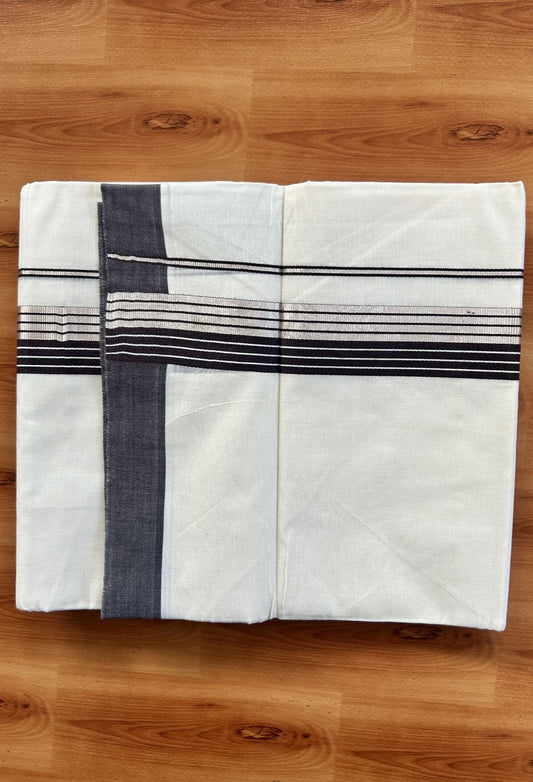 Double Off White  Mundu/Dhoti- 20% Discount! KaithariKada Balaramapuram Pure Cotton - 80s - 1.5 inch Silver Kasav & Brown Striped Kara - 4mtr (8.5muzham) - 15 KK5417 VAS