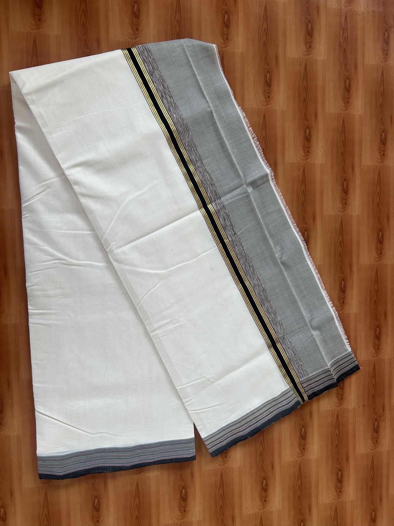 25% Discount! KaithariKada Handloom Unakkupaav Kerala Handloom - 100% Pure Cotton Off White - (Unbleached) Double Mundu/Dothi - 100 x 80 - 5 inch Gold Kasav Sage Green  & Black, Multi Colour Side Striped Kara 4.00 meter (8.5 muzham) - 15 KK5390 REA