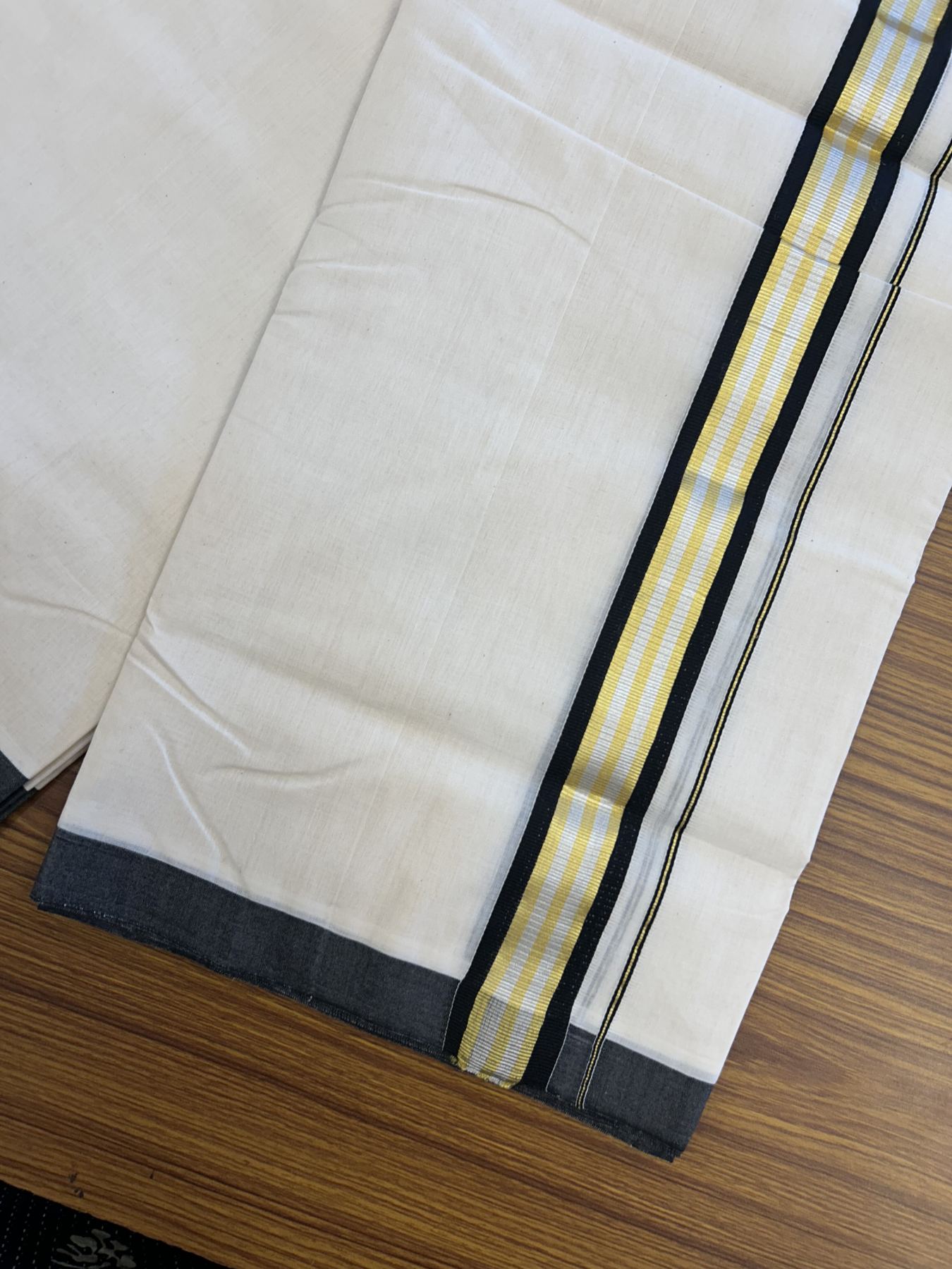 25% Discount ! Kaitharikada Handloom Millpaav Balaramapuram - 100% Pure Cotton Off White - (Unbleached) Double Mundu/Dhoti - 80x90 - 1.75 inch Gold Kasav & Silver Kasav Black Striped Kara 4 mtr (8.5 Muzham) - 8 KK5320 RAM
