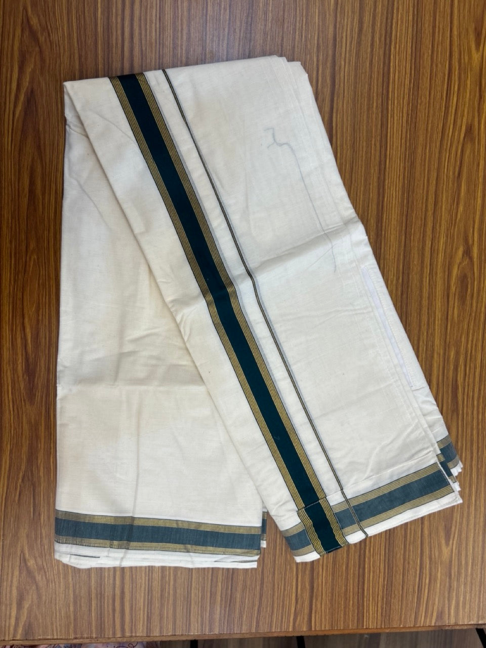 20% Discount ! KaithariKada Balaramapuram Mixed Cotton Double Off white - (Ubleached) Mundu/Dhoti  VELCRO Mundu/Dhoti  - (80s) - 1.5 inch Gold Kasavu & Green Striped kara 4mtr (8.5 muzham) - 7 KK5284 PMC