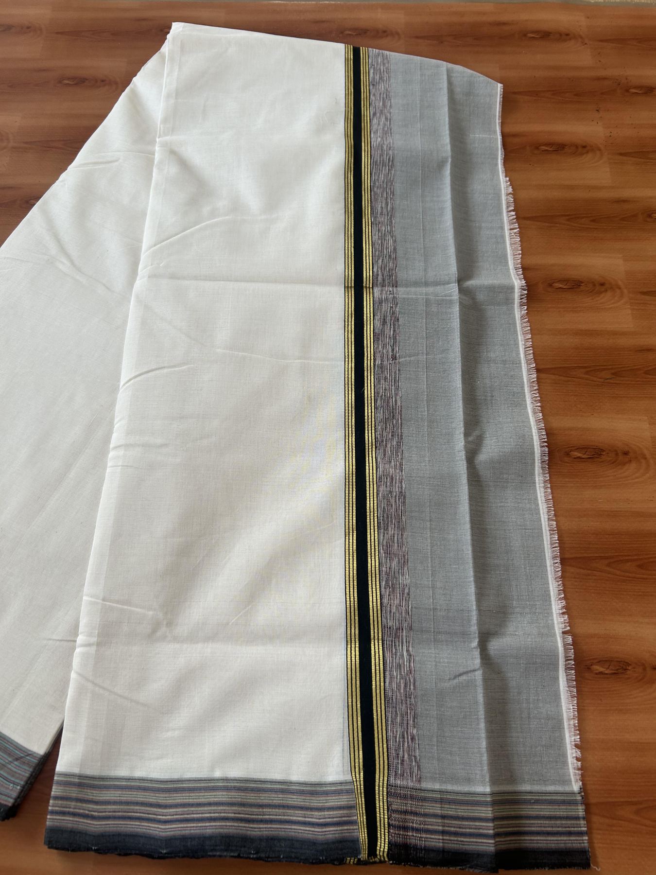 25% Discount! KaithariKada Handloom Unakkupaav Kerala Handloom - 100% Pure Cotton Off White - (Unbleached) Double Mundu/Dothi - 100 x 80 - 5 inch Gold Kasav Sage Green  & Black, Multi Colour Side Striped Kara 4.00 meter (8.5 muzham) - 15 KK5390 REA