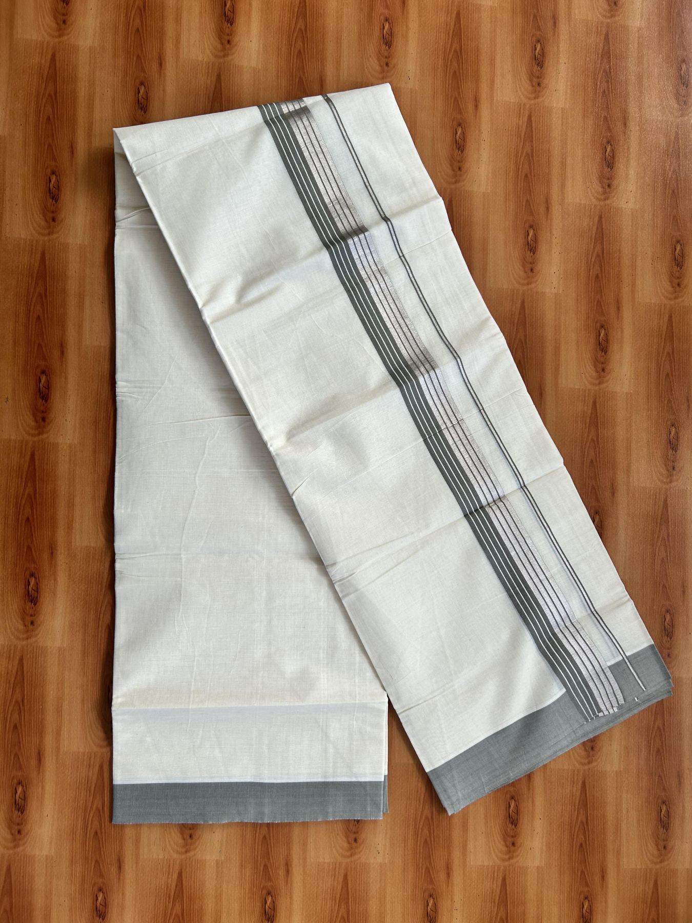 Double Off White  Mundu/Dhoti- 20% Discount! KaithariKada Balaramapuram Pure Cotton - 80s - 1.5 inch Silver Kasav & Grey Striped Kara - 4mtr (8.5muzham) - 14 KK5417 VAS