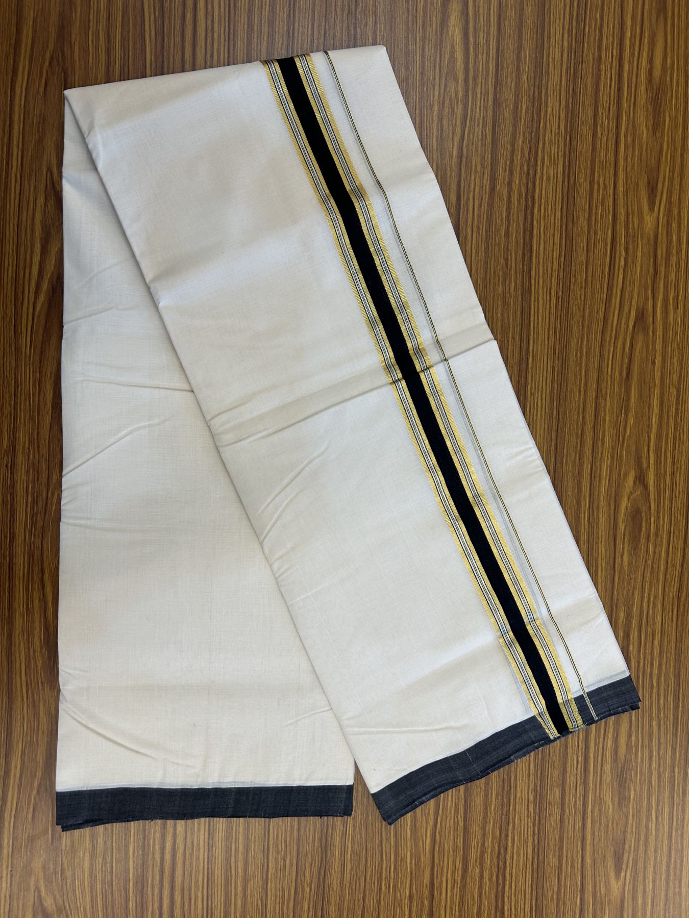 25% Discount ! Kaitharikada Handloom  Millpaav Balaramapuram - 100% Pure Cotton Off White - (Unbleached) Double Mundu/Dhoti - 80x90 - 1.75 inch Gold Kasav & Silver Kasav Black Striped Kara 4 mtr (8.5 Muzham) - 2 KK5320 RAM