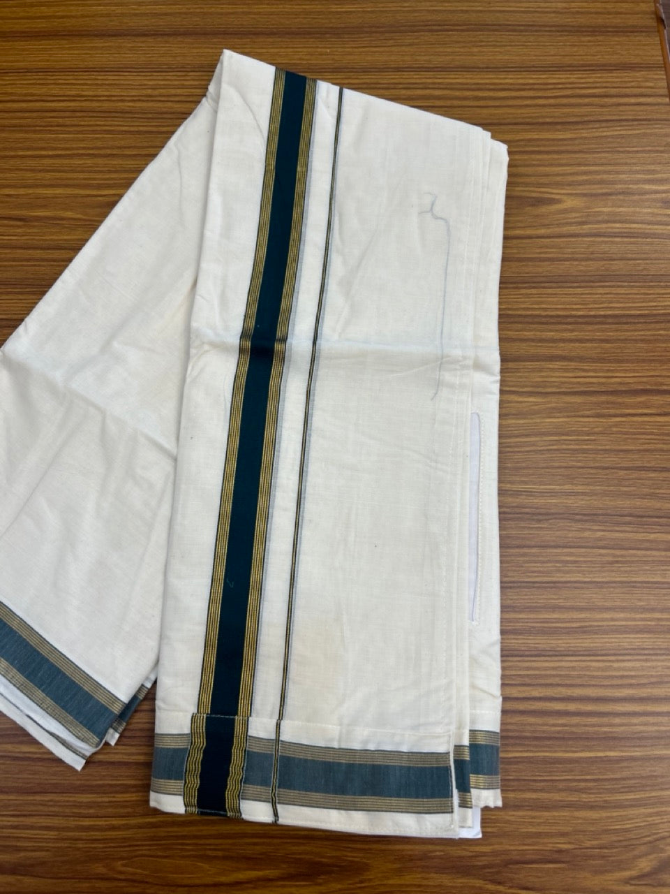 20% Discount ! KaithariKada Balaramapuram Mixed Cotton Double Off white - (Ubleached) Mundu/Dhoti  VELCRO Mundu/Dhoti  - (80s) - 1.5 inch Gold Kasavu & Green Striped kara 4mtr (8.5 muzham) - 7 KK5284 PMC