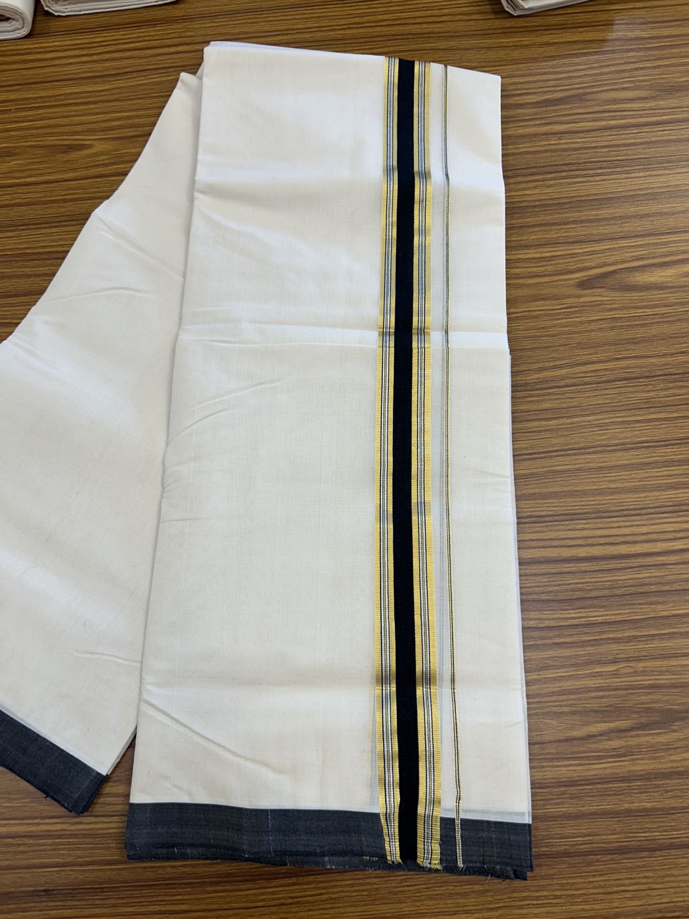 25% Discount ! Kaitharikada Handloom  Millpaav Balaramapuram - 100% Pure Cotton Off White - (Unbleached) Double Mundu/Dhoti - 80x90 - 1.75 inch Gold Kasav & Silver Kasav Black Striped Kara 4 mtr (8.5 Muzham) - 2 KK5320 RAM