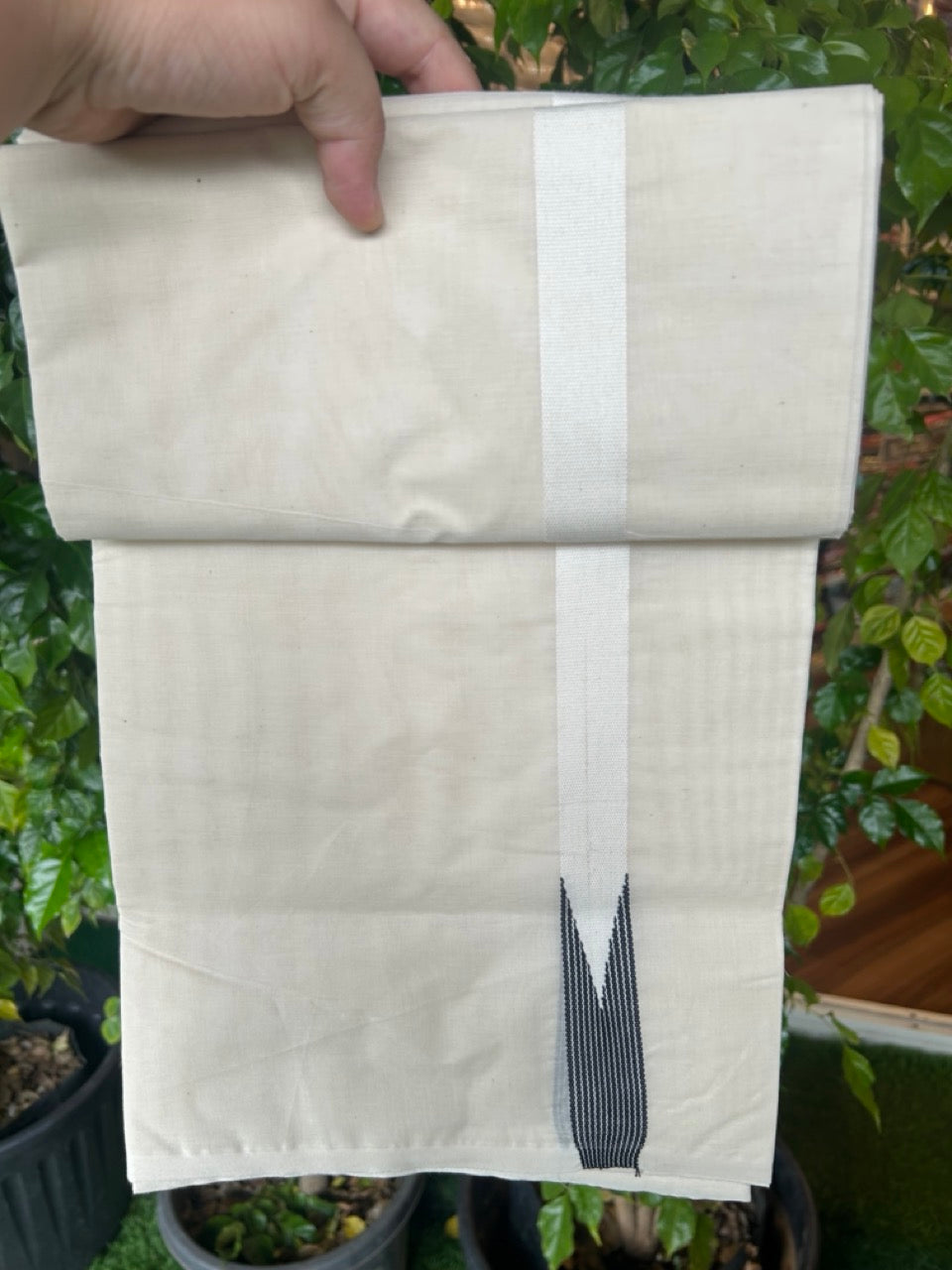 28% DISCOUNT ! KaithariKada Balaramapuram 100% COTTON Double OFF WHITE (Unbleached) Mundu/Dhoti- 100x100 - 1 inch Puliyilakkara Black Striped Chutty Kara - 1KK5211ASH