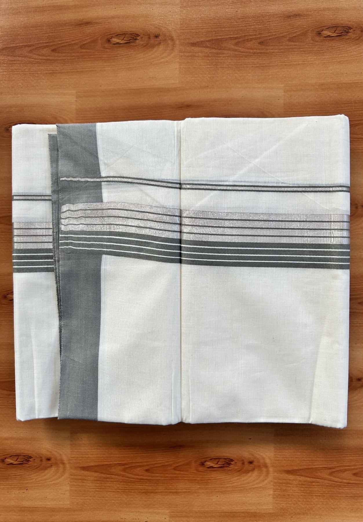 Double Off White  Mundu/Dhoti- 20% Discount! KaithariKada Balaramapuram Pure Cotton - 80s - 1.5 inch Silver Kasav & Grey Striped Kara - 4mtr (8.5muzham) - 14 KK5417 VAS