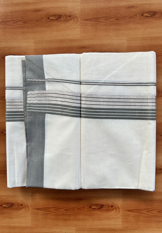 Double Off White  Mundu/Dhoti- 20% Discount! KaithariKada Balaramapuram Pure Cotton - 80s - 1.5 inch Silver Kasav & Grey Striped Kara - 4mtr (8.5muzham) - 14 KK5417 VAS