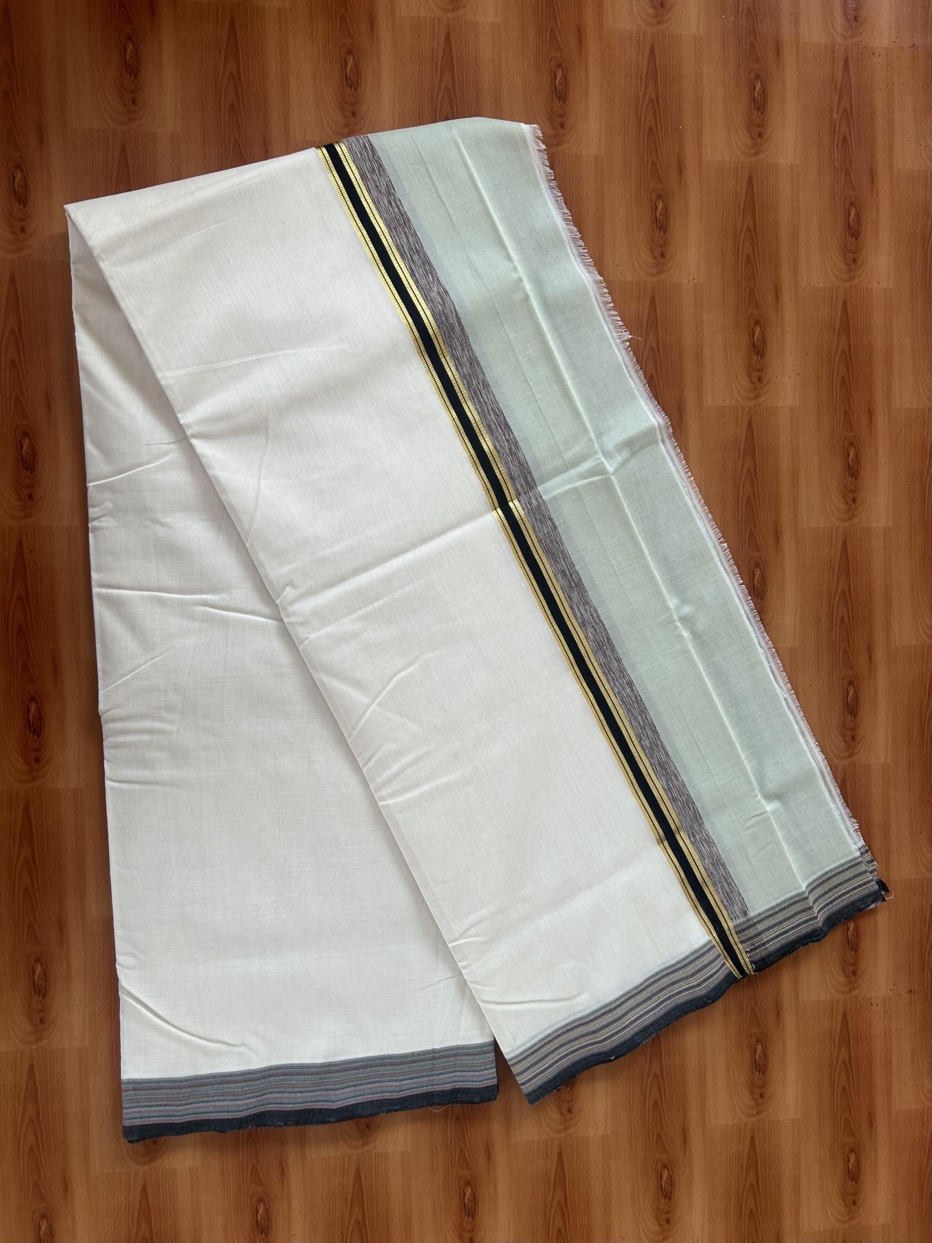 25% Discount! KaithariKada Handloom Unakkupaav Kerala Handloom - 100% Pure Cotton Off White - (Unbleached) Double Mundu/Dothi - 100 x 80 - 5 inch Gold Kasav Light Pista Green & Black, Multi Colour Side Striped Kara 4.00 meter (8.5 muzham) - 17 KK5390 REA