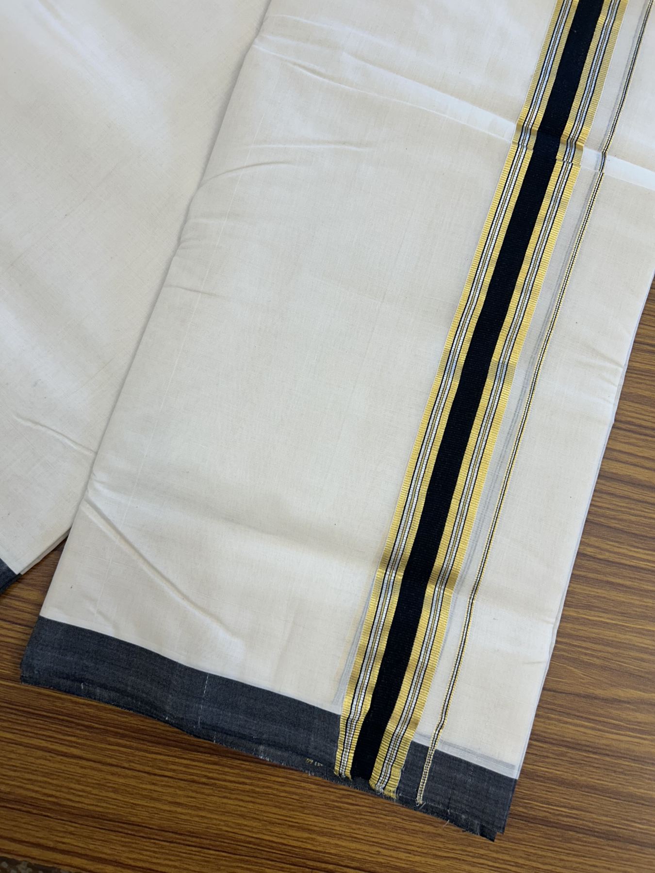 25% Discount ! Kaitharikada Handloom  Millpaav Balaramapuram - 100% Pure Cotton Off White - (Unbleached) Double Mundu/Dhoti - 80x90 - 1.75 inch Gold Kasav & Silver Kasav Black Striped Kara 4 mtr (8.5 Muzham) - 2 KK5320 RAM