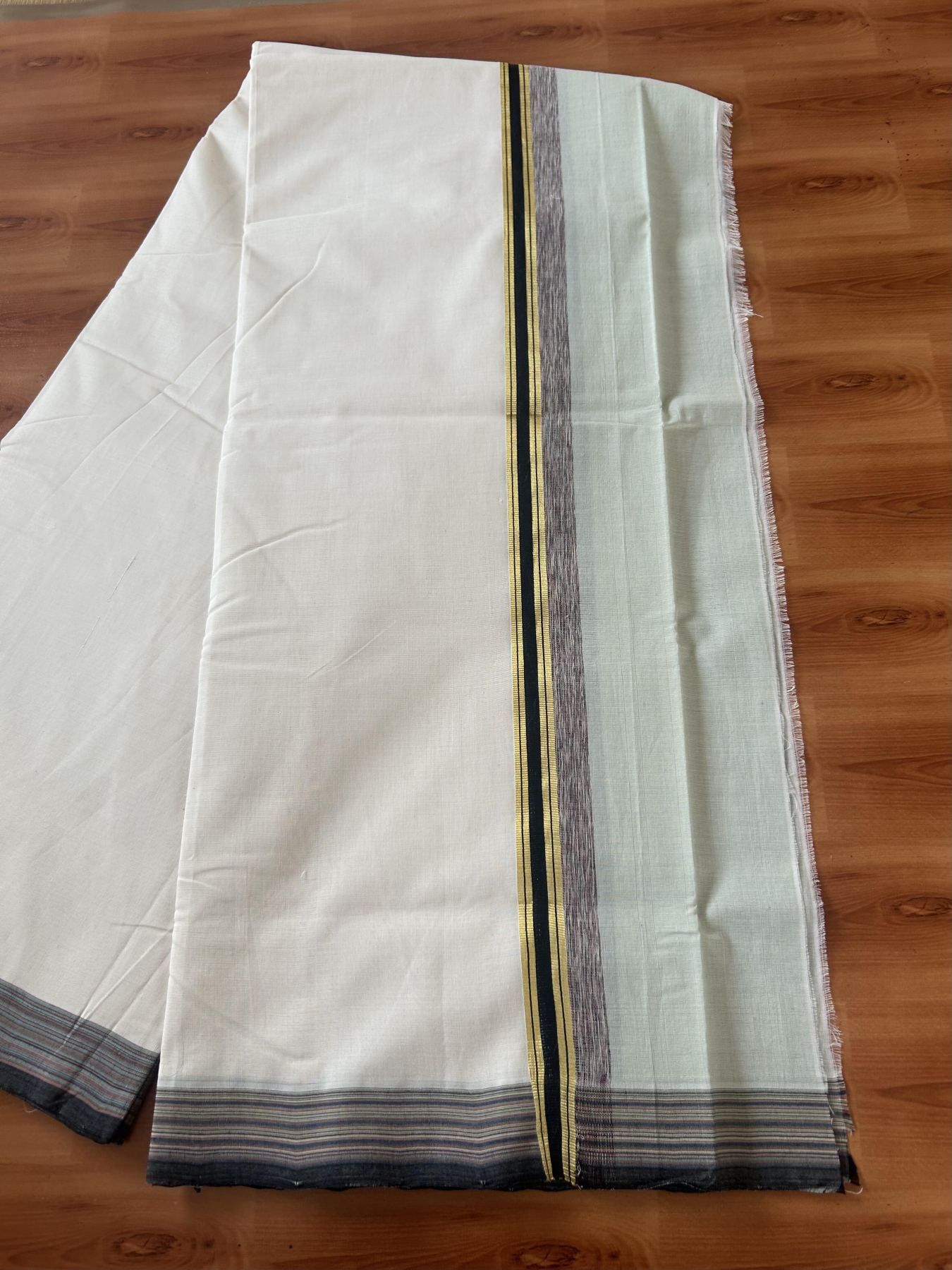 25% Discount! KaithariKada Handloom Unakkupaav Kerala Handloom - 100% Pure Cotton Off White - (Unbleached) Double Mundu/Dothi - 100 x 80 - 5 inch Gold Kasav Light Pista Green & Black, Multi Colour Side Striped Kara 4.00 meter (8.5 muzham) - 17 KK5390 REA
