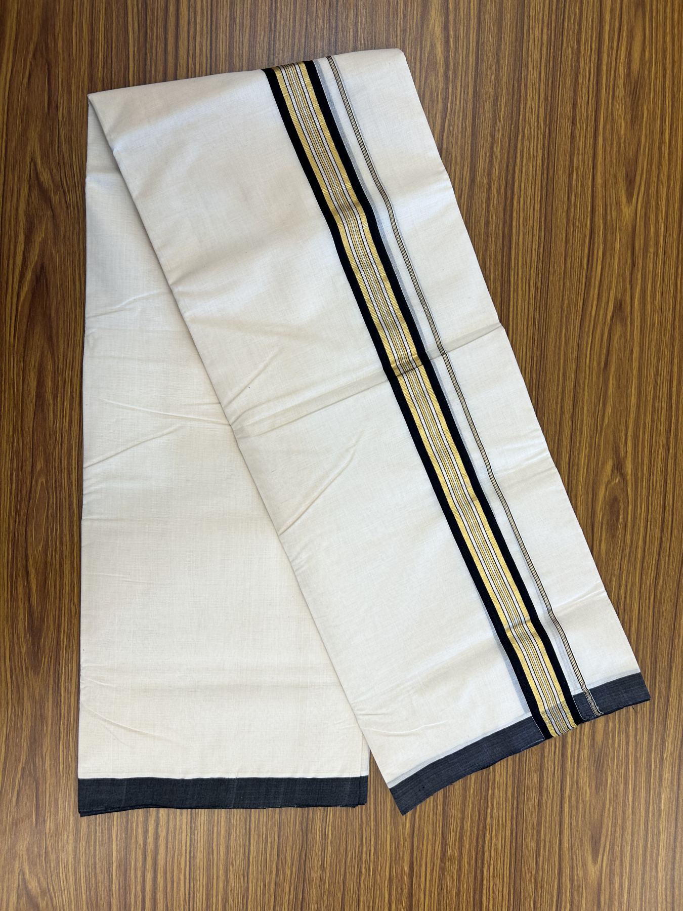 25% Discount ! Kaitharikada Handloom Millpaav Balaramapuram - 100% Pure Cotton Off White - (Unbleached) Double Mundu/Dhoti - 80x90 - 1.75 inch Gold Kasav & Silver Kasav Black Striped Kara 4 mtr (8.5 Muzham) - 9 KK5320 RAM