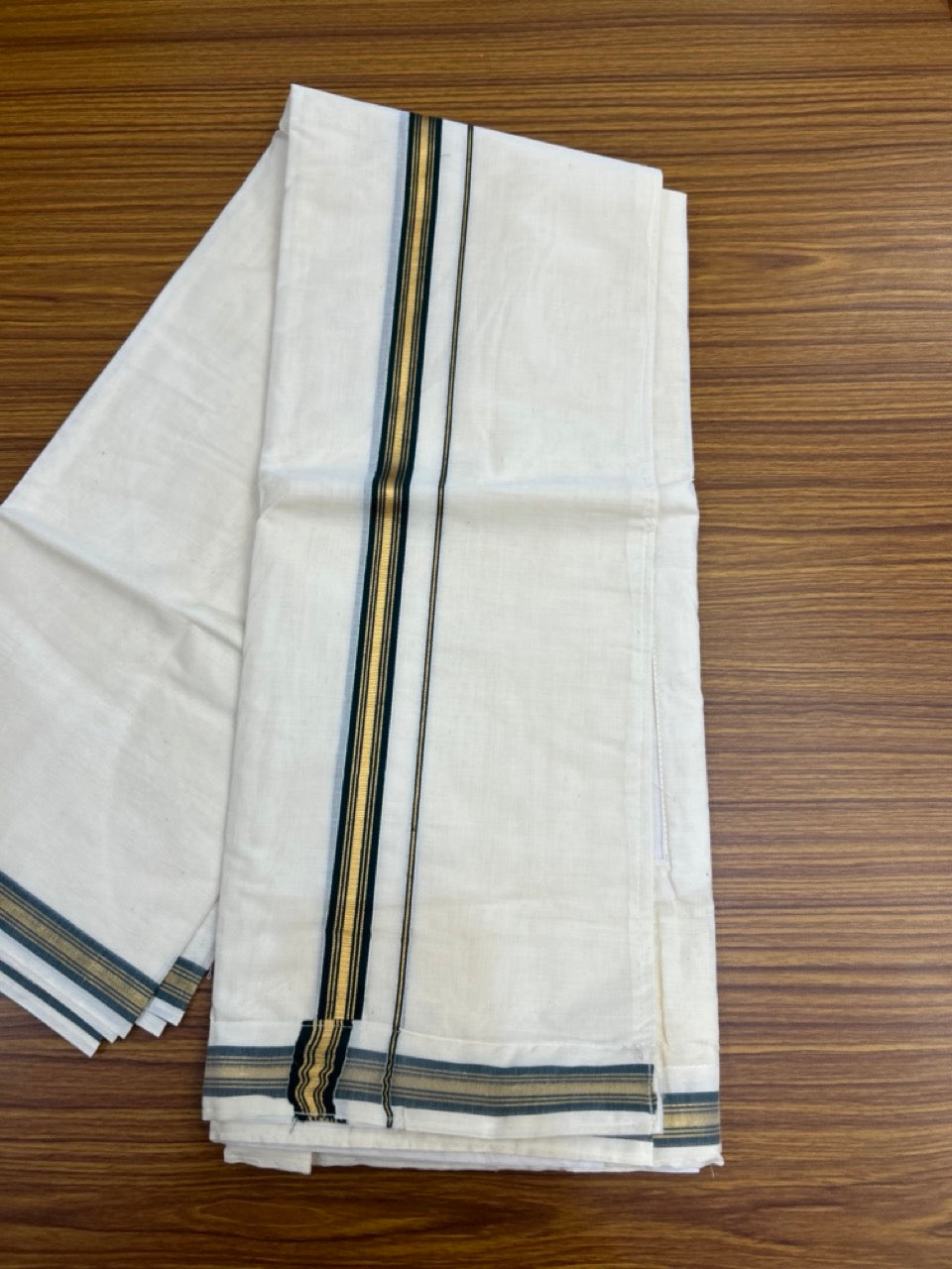 20% Discount ! KaithariKada Balaramapuram Mixed Cotton Double Off white - (Ubleached) Mundu/Dhoti  VELCRO Mundu/Dhoti  - (80s) - 1 inch Gold Kasavu & Green Striped kara 4mtr (8.5 muzham) - 8 KK5284 PMC