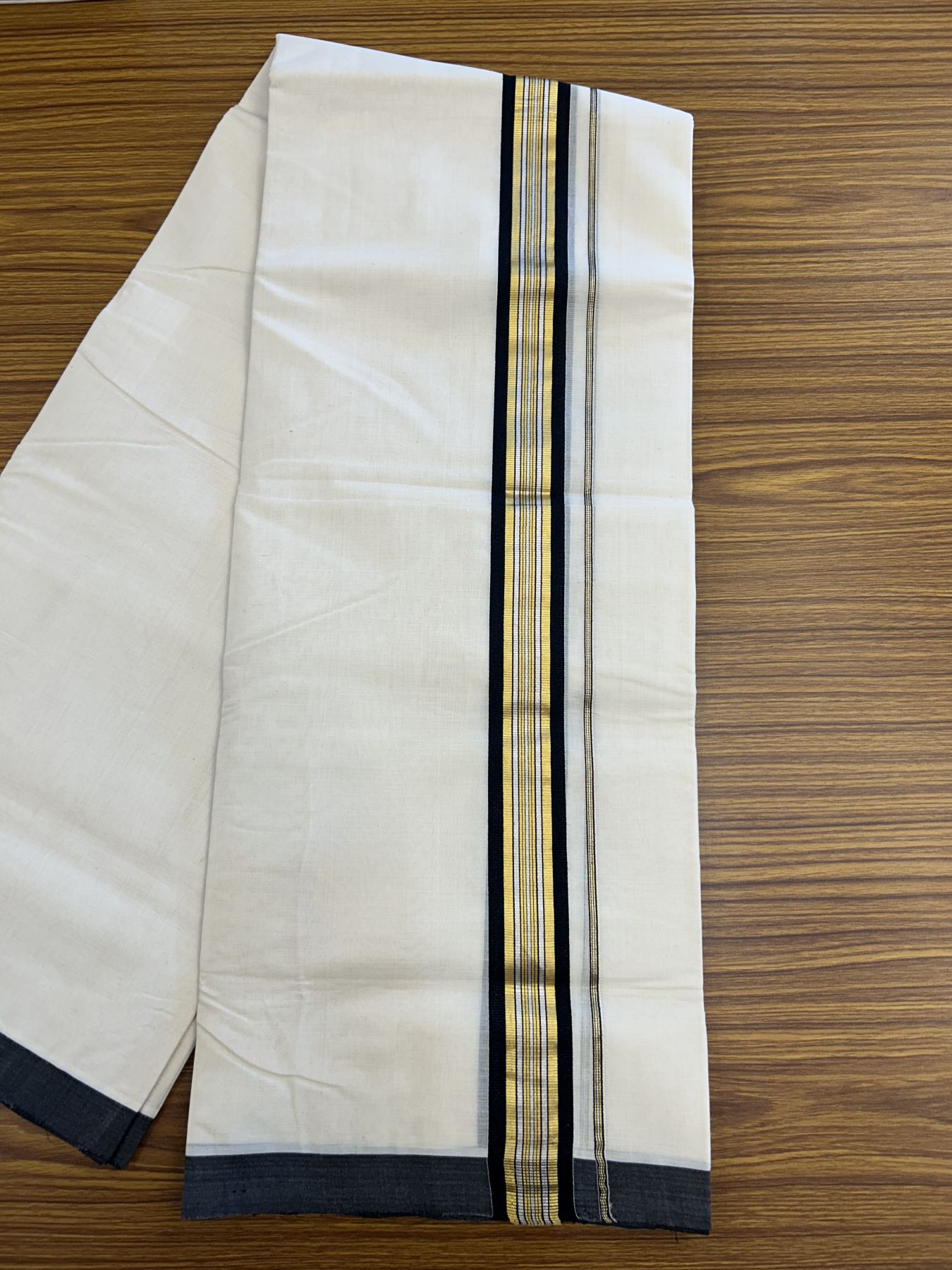 25% Discount ! Kaitharikada Handloom Millpaav Balaramapuram - 100% Pure Cotton Off White - (Unbleached) Double Mundu/Dhoti - 80x90 - 1.75 inch Gold Kasav & Silver Kasav Black Striped Kara 4 mtr (8.5 Muzham) - 9 KK5320 RAM